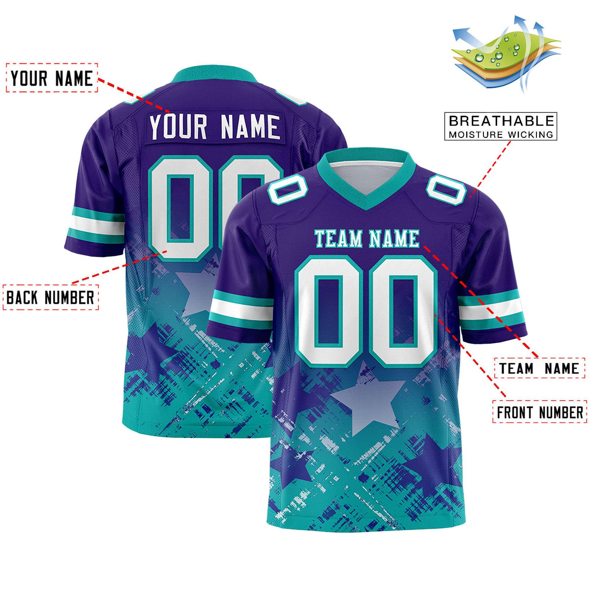 Custom Purple Aqua Personalized Star Gradient Authentic American Football Jersey