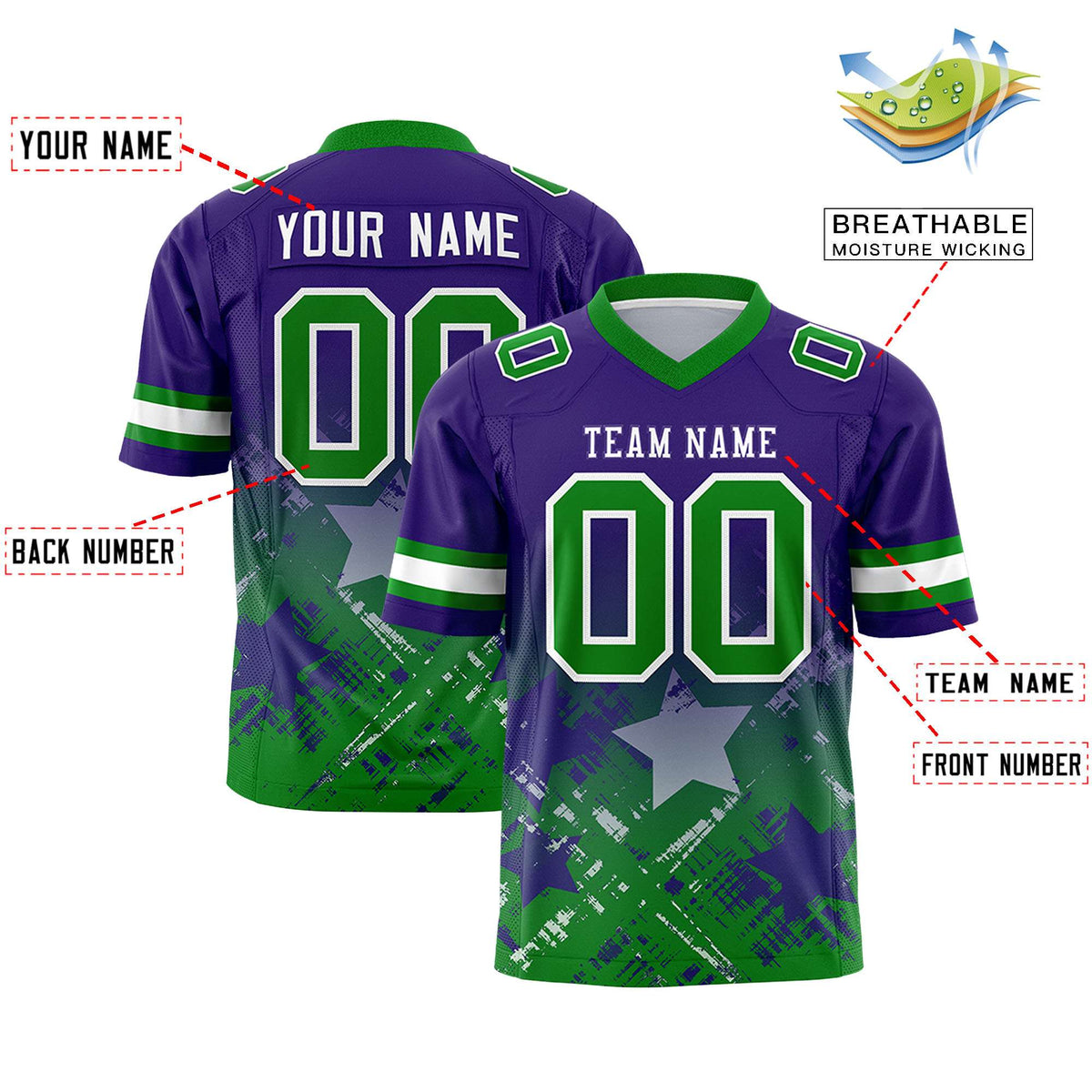 Custom Purple Kelly Green Personalized Star Gradient Authentic American Football Jersey