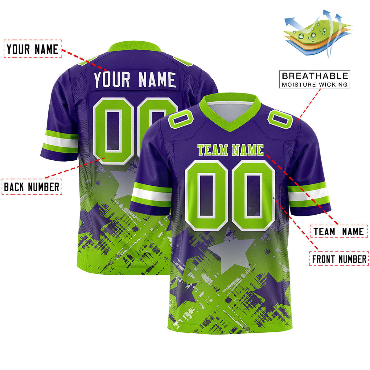 Custom Purple Neon Green Personalized Star Gradient Authentic American Football Jersey
