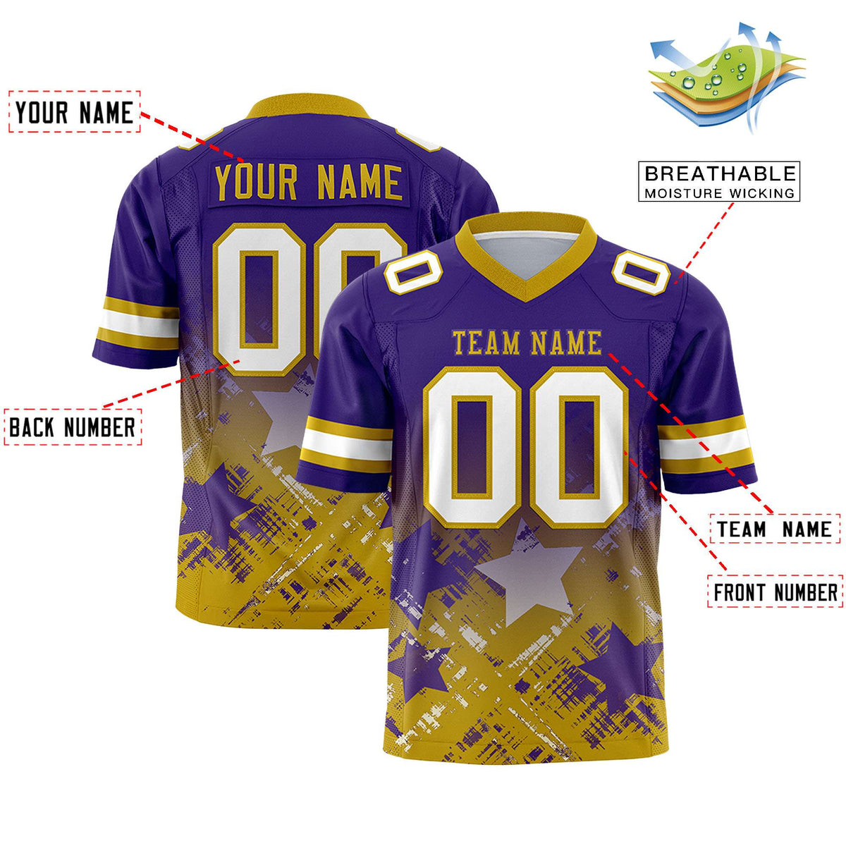Custom Purple Old Gold Personalized Star Gradient Authentic American Football Jersey