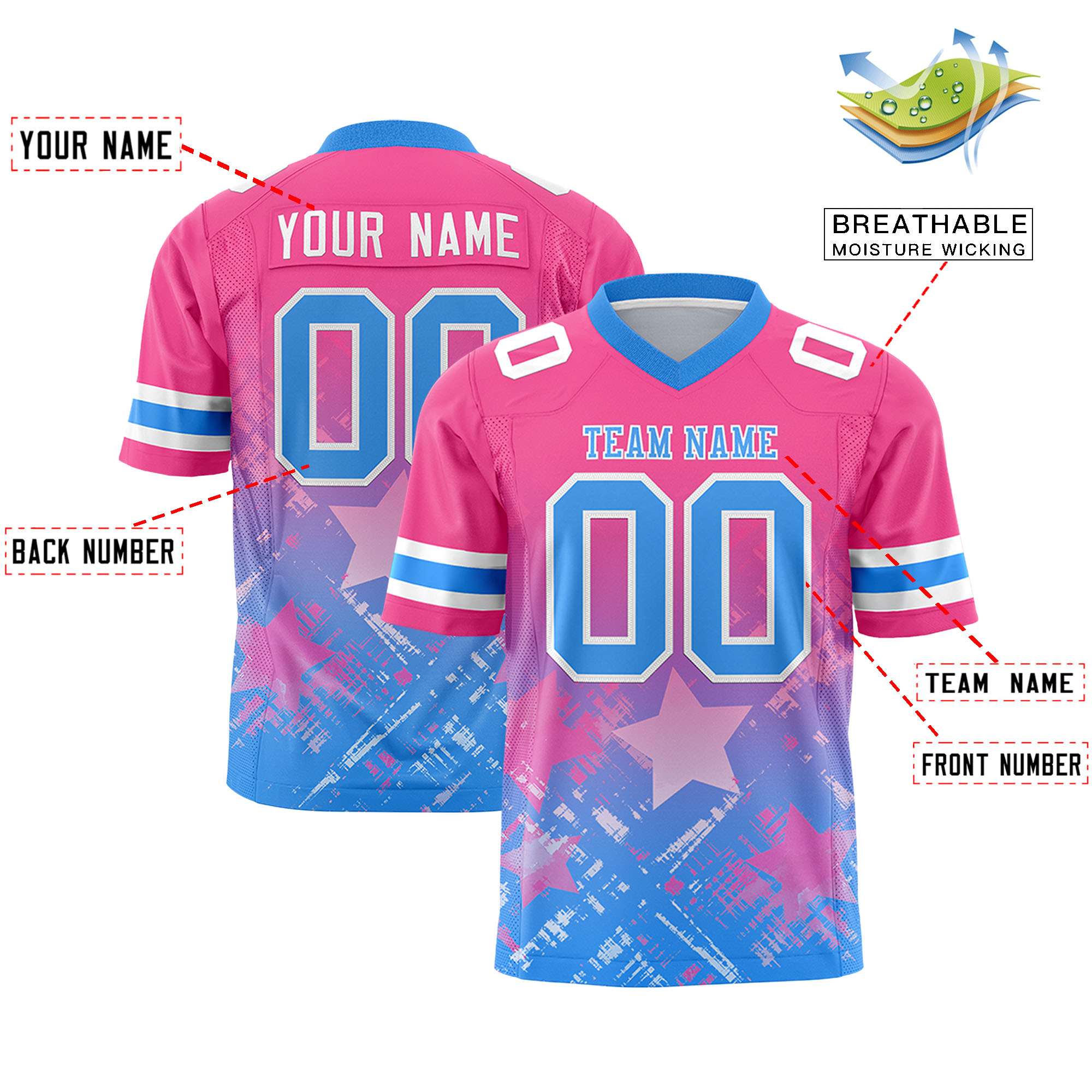 Custom Pink Light Blue Personalized Star Gradient Authentic American Football Jersey