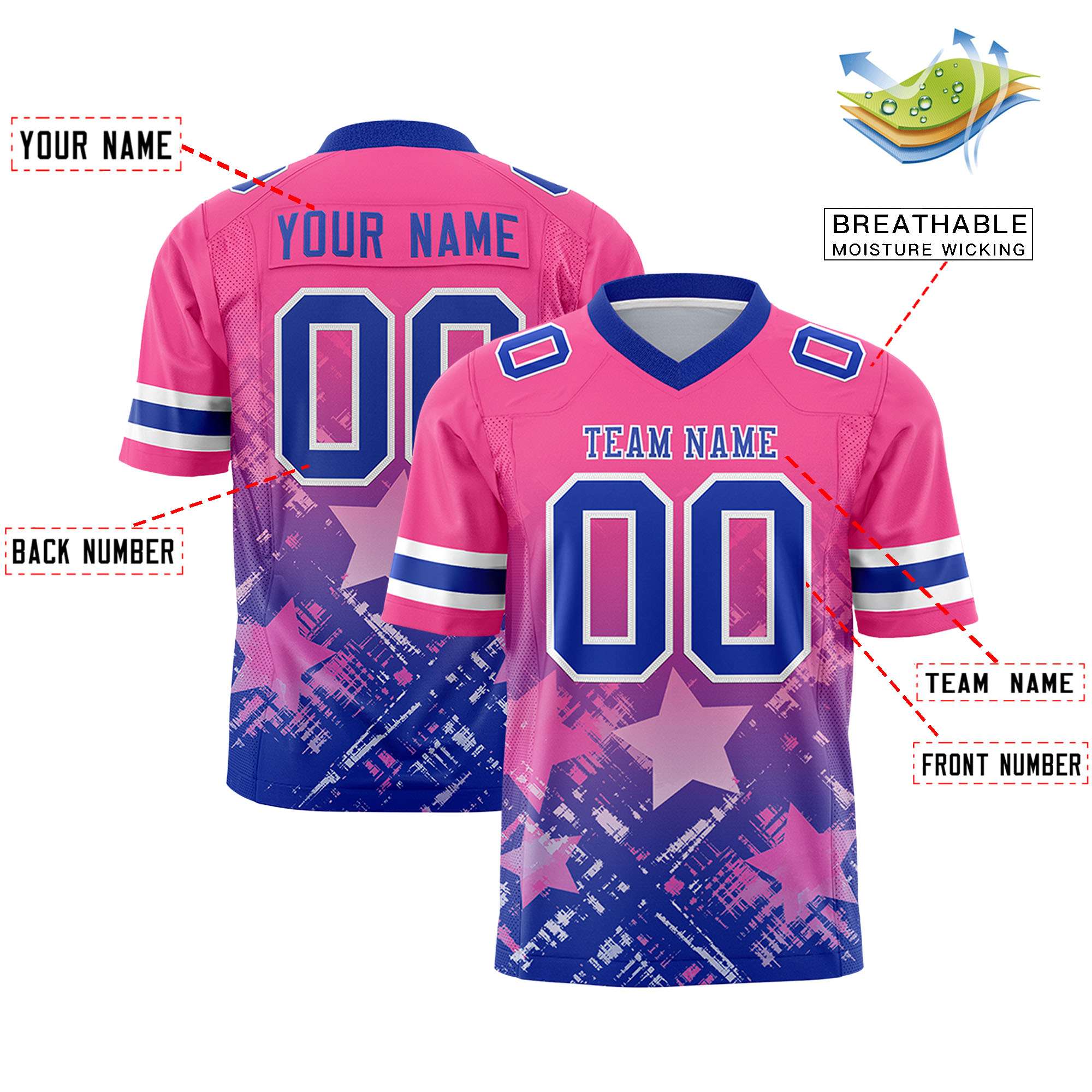 Custom Pink Royal Personalized Star Gradient Authentic American Football Jersey