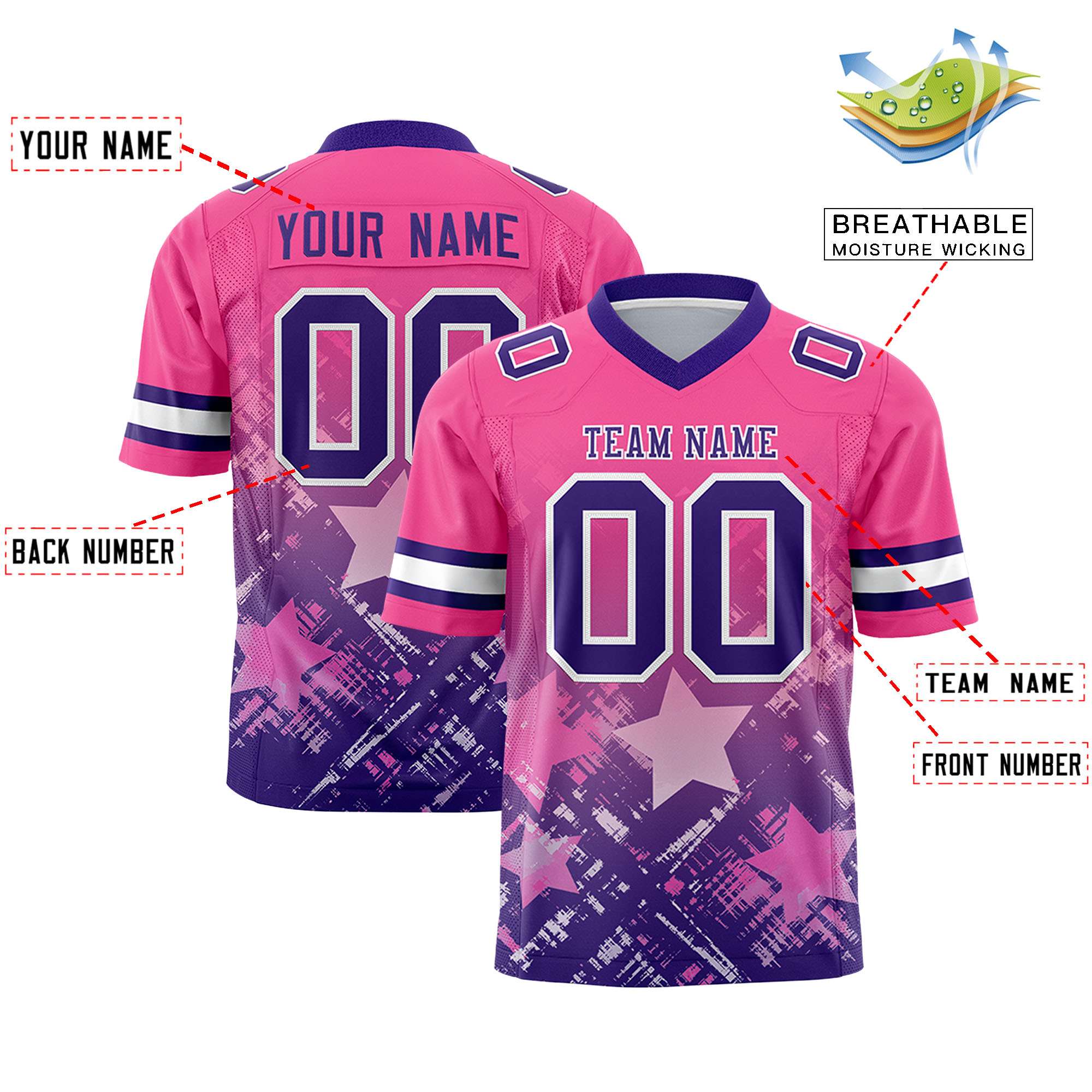 Custom Pink Purple Personalized Star Gradient Authentic American Football Jersey