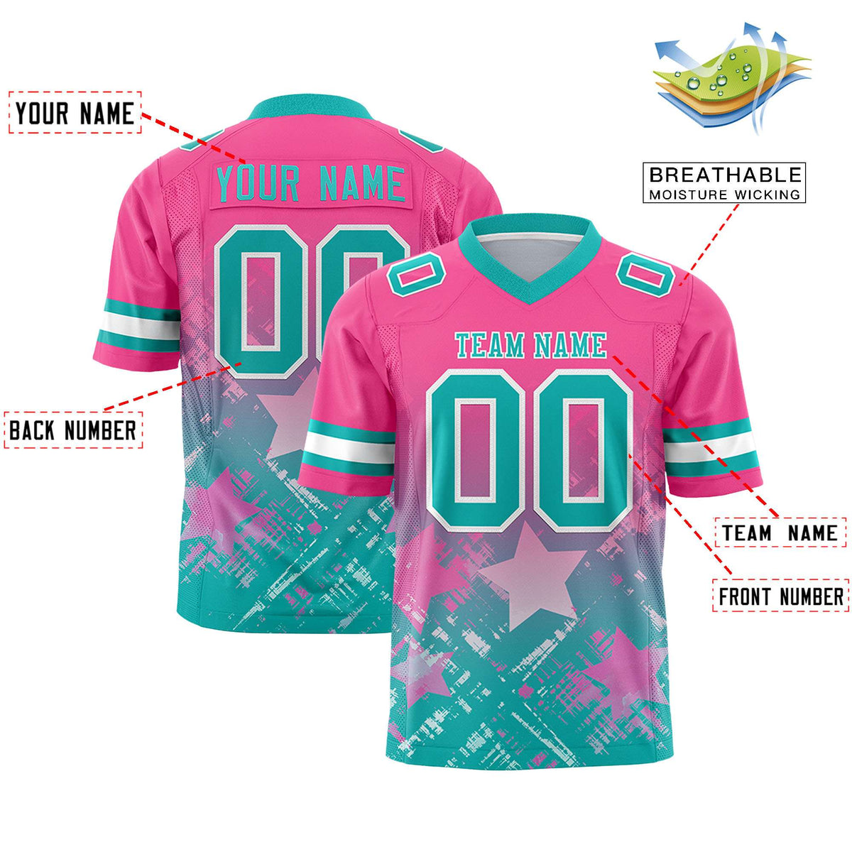 Custom Pink Aqua Personalized Star Gradient Authentic American Football Jersey