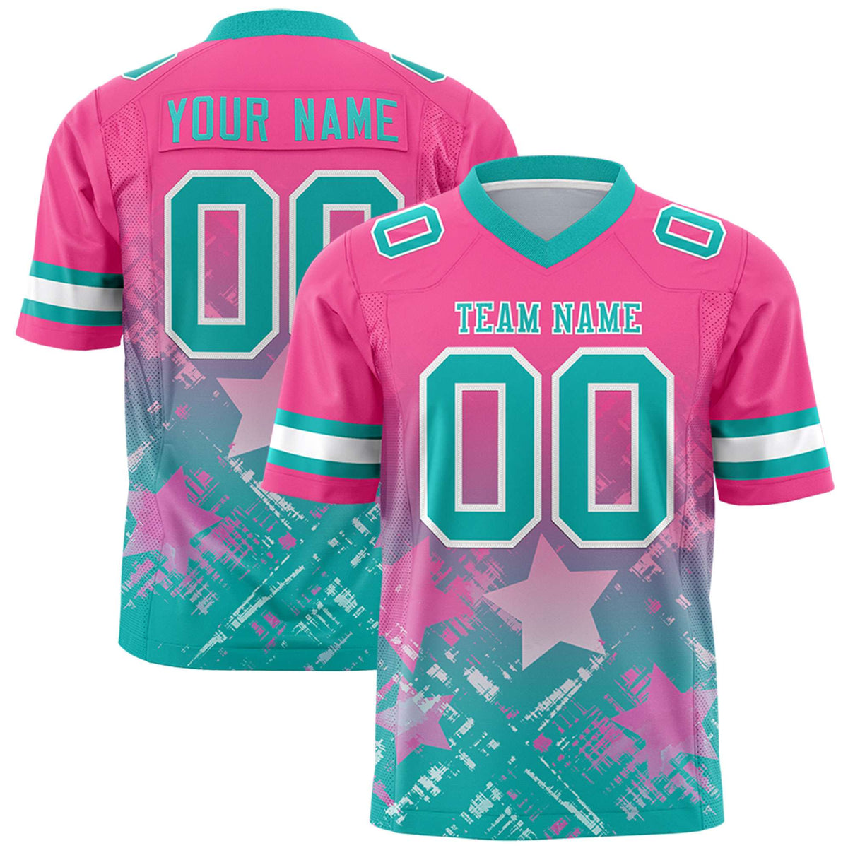 Custom Pink Aqua Personalized Star Gradient Authentic American Football Jersey