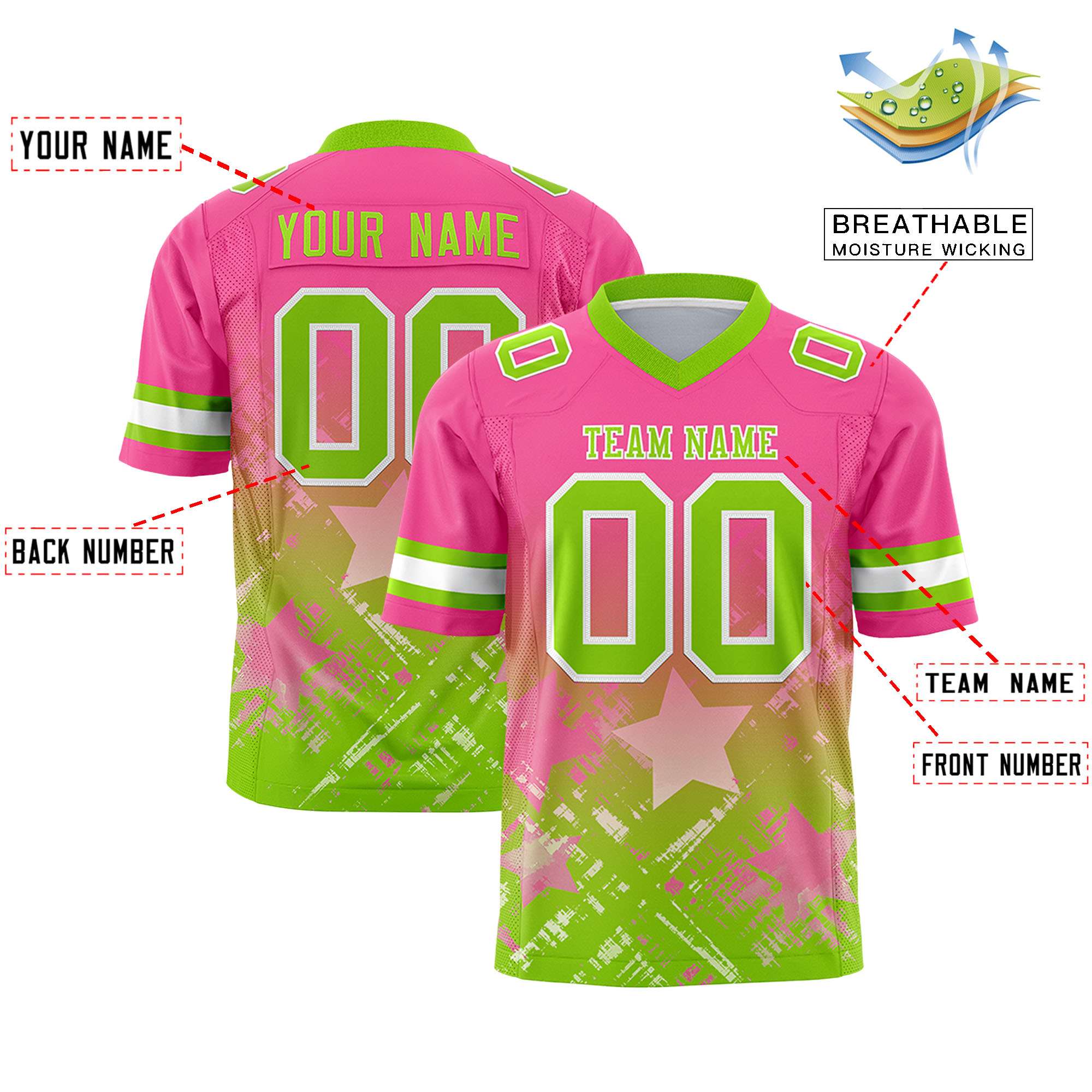 Custom Pink Neon Green Personalized Star Gradient Authentic American Football Jersey