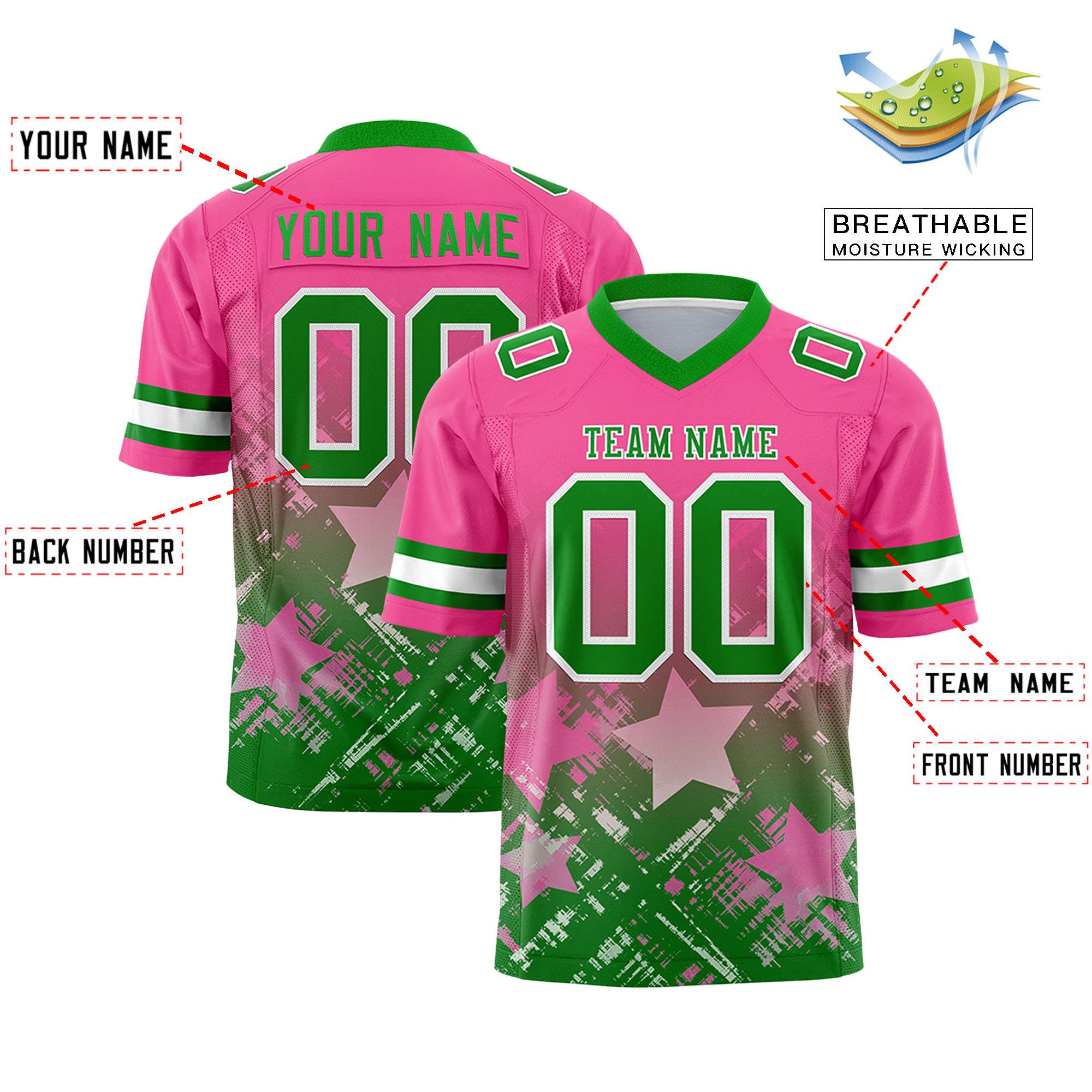 Custom Pink Kelly Green Personalized Star Gradient Authentic American Football Jersey
