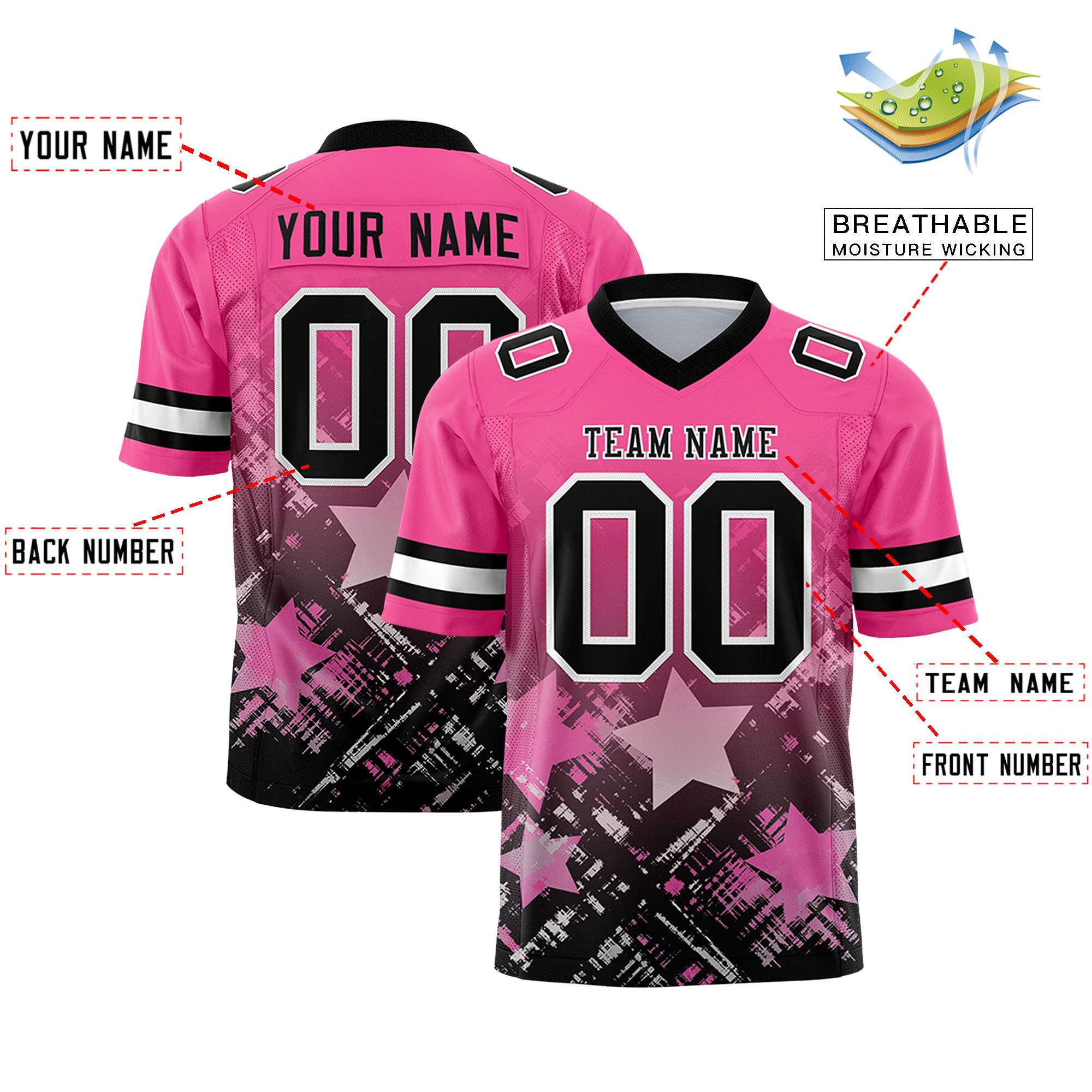 Custom Pink Black Personalized Star Gradient Authentic American Football Jersey