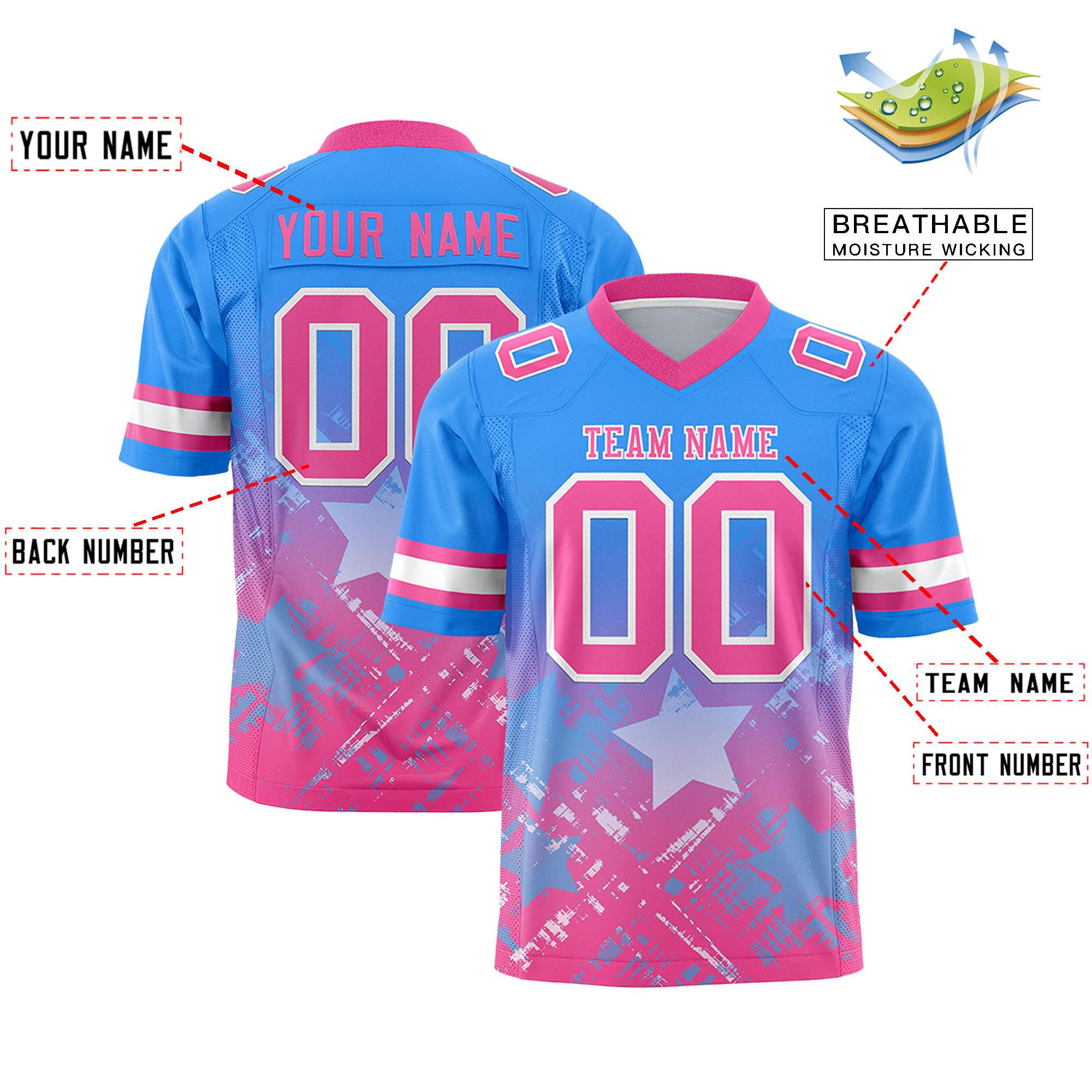 Custom Light Blue Pink Personalized Star Gradient Authentic American Football Jersey