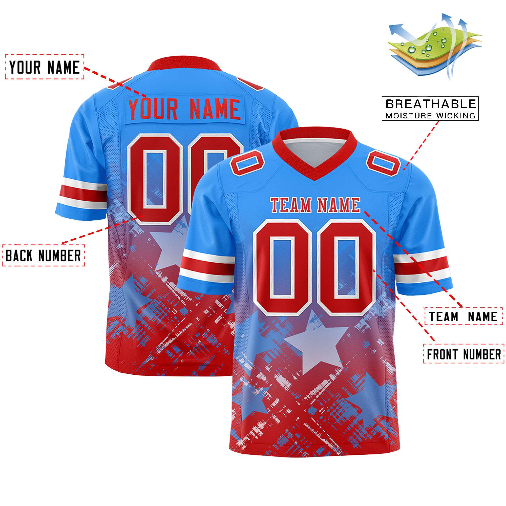 Custom Light Blue Red Personalized Star Gradient Authentic American Football Jersey