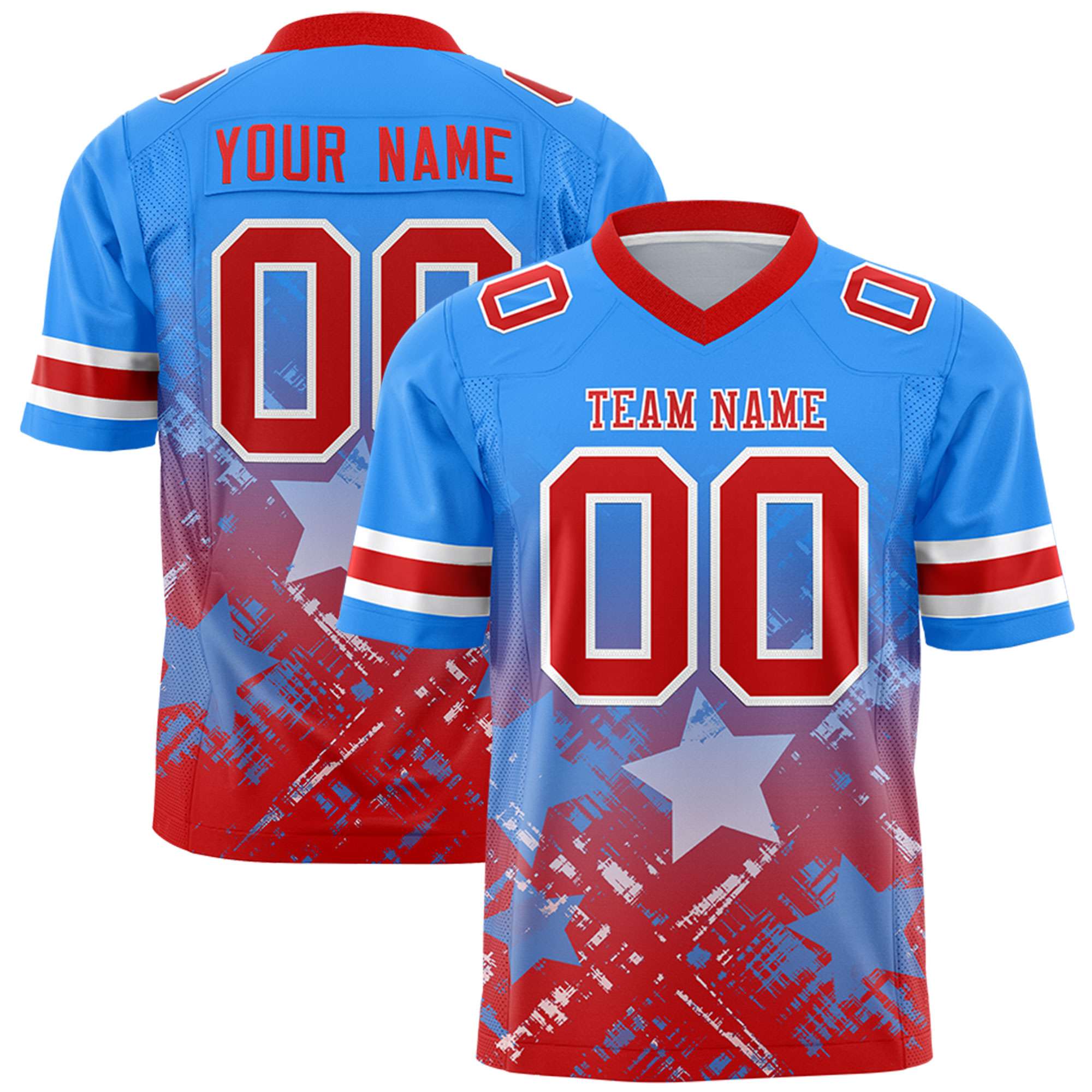 Custom Light Blue Red Personalized Star Gradient Authentic American Football Jersey