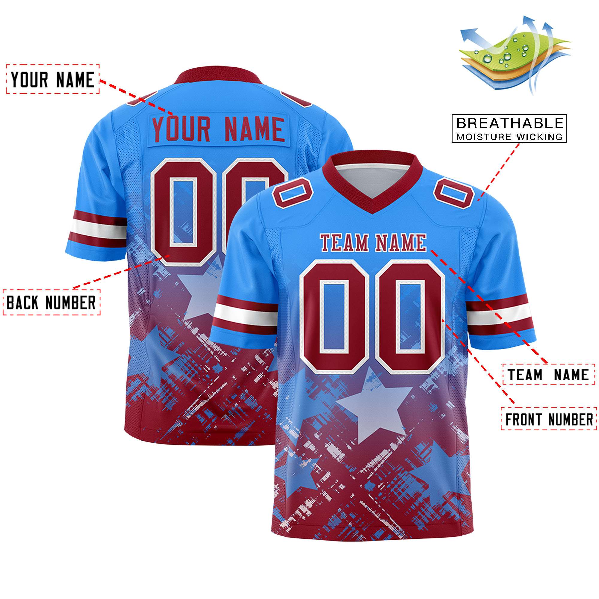 Custom Light Blue Cardinal Personalized Star Gradient Authentic American Football Jersey