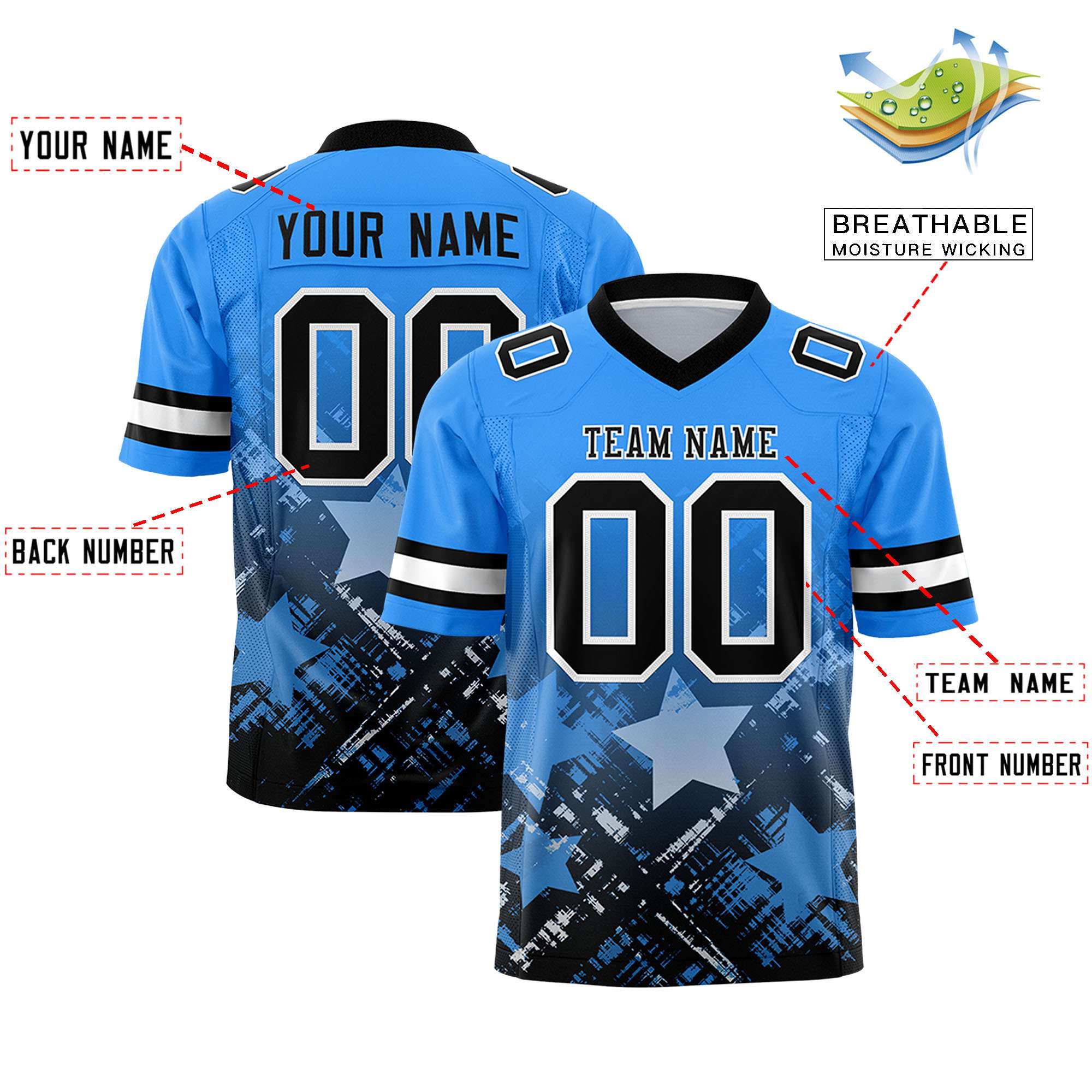 Custom Light Blue Black Personalized Star Gradient Authentic American Football Jersey