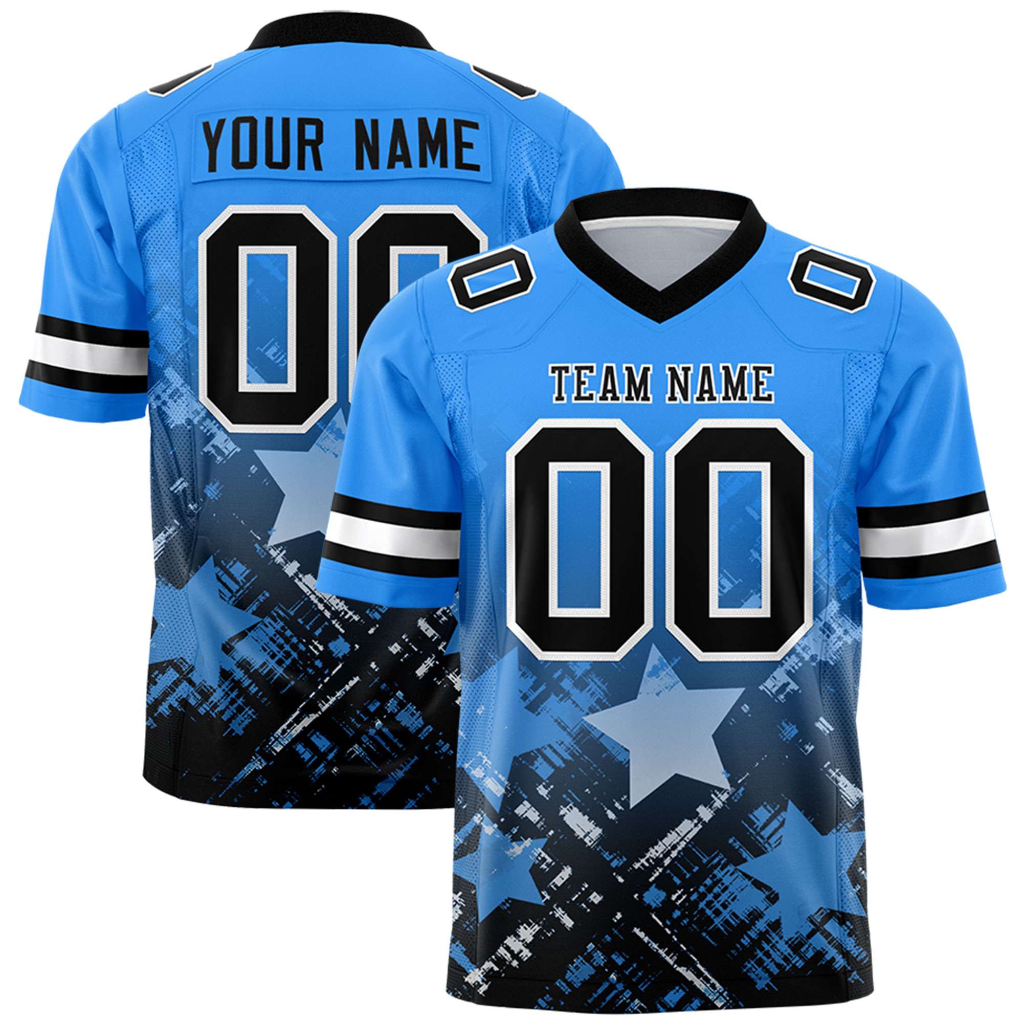 Custom Light Blue Black Personalized Star Gradient Authentic American Football Jersey