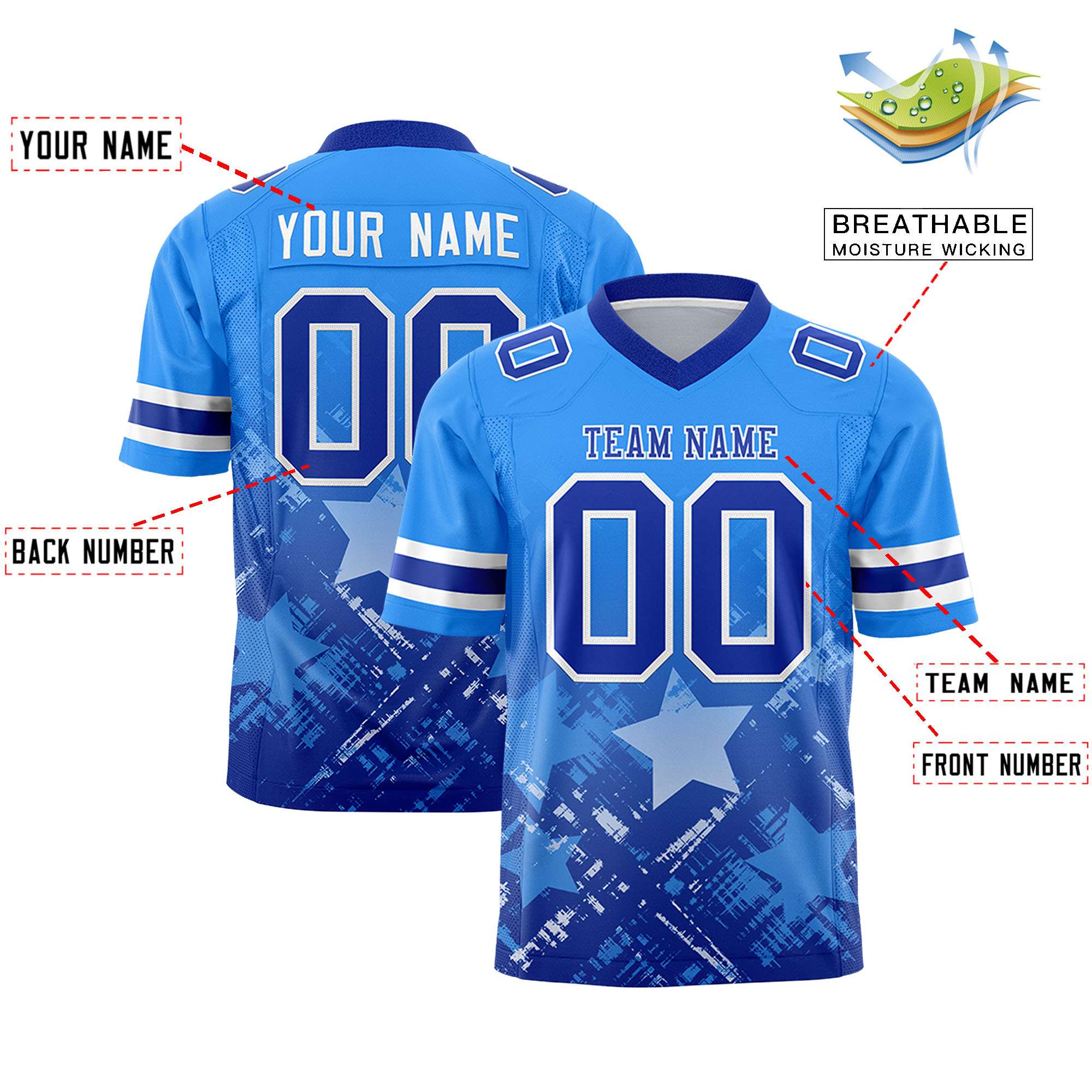 Custom Light Blue Royal Personalized Star Gradient Authentic American Football Jersey