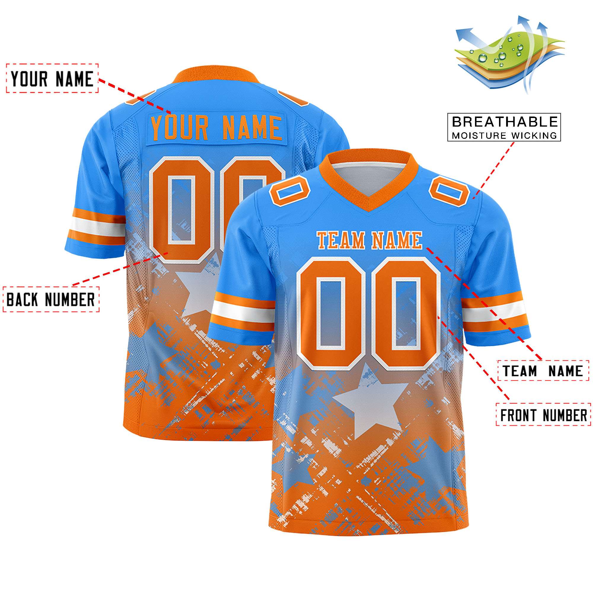 Custom Light Blue Orange Personalized Star Gradient Authentic American Football Jersey