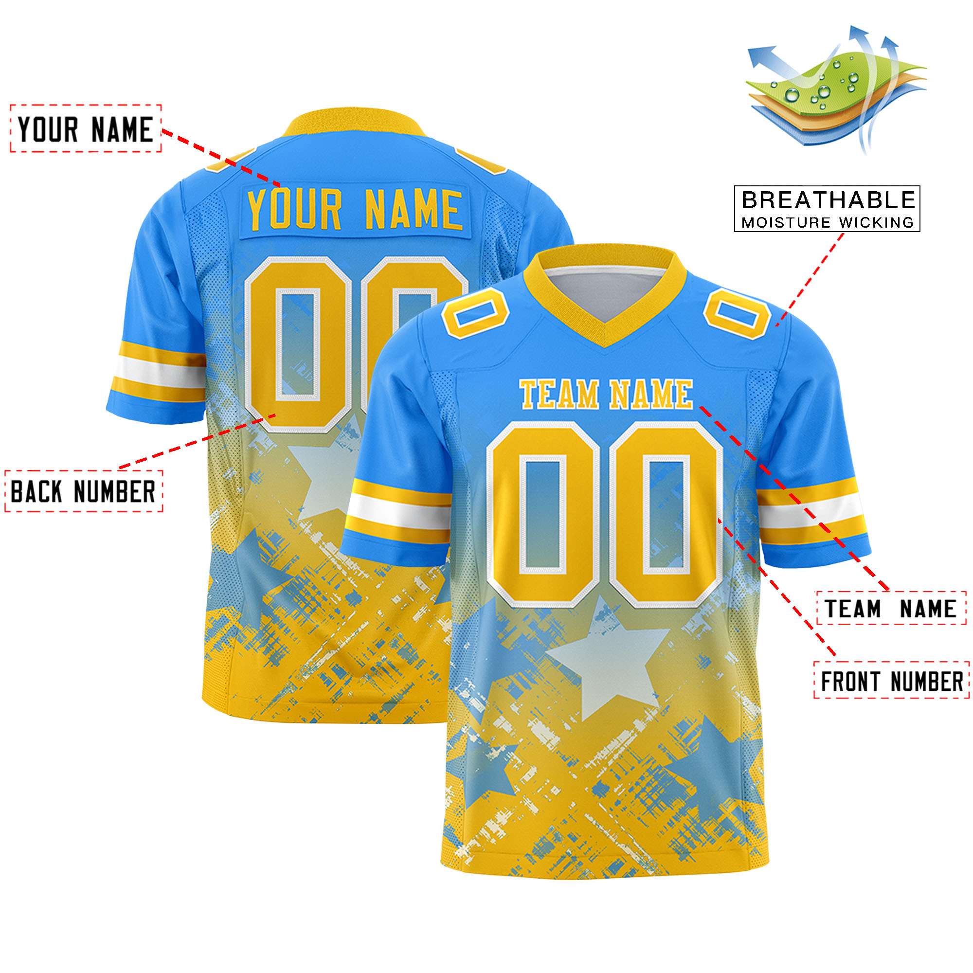 Custom Light Blue Yellow Personalized Star Gradient Authentic American Football Jersey