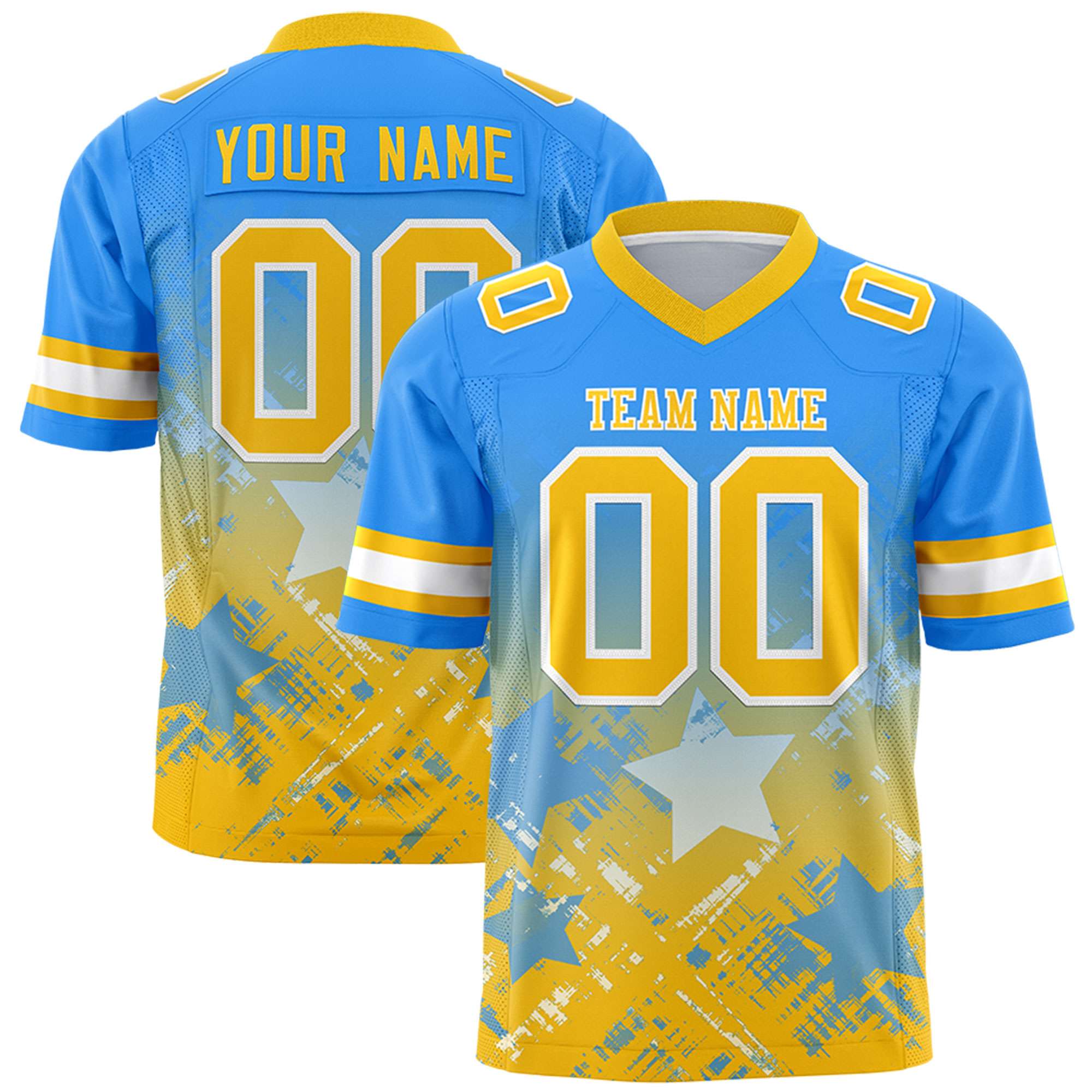 Custom Light Blue Yellow Personalized Star Gradient Authentic American Football Jersey