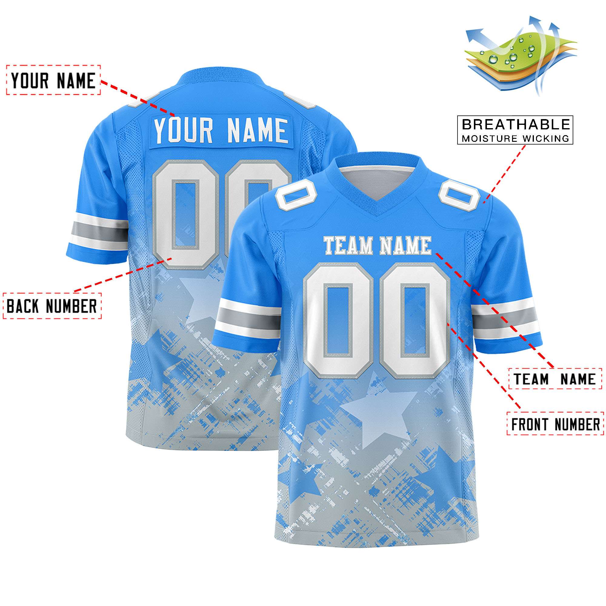 Custom Light Blue Light Blue Personalized Star Gradient Authentic American Football Jersey