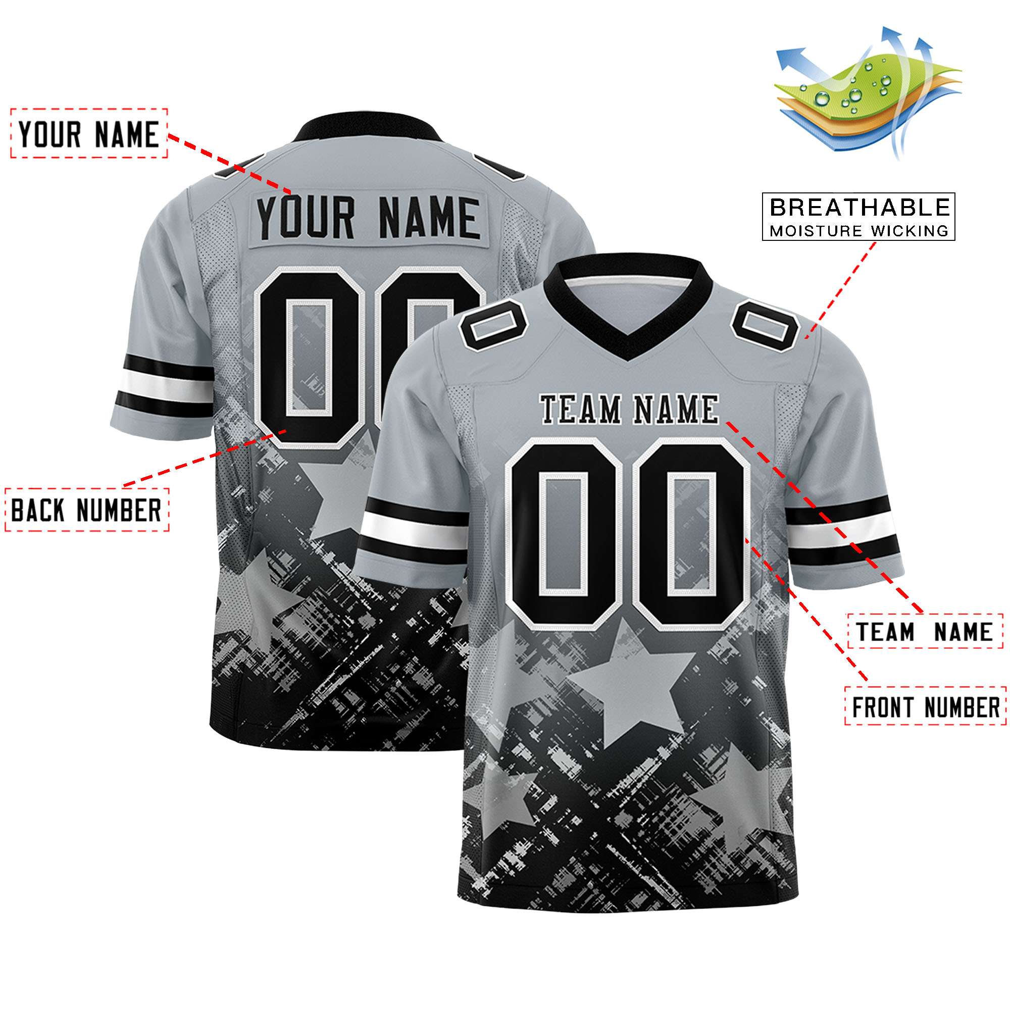 Custom Grey Black Personalized Star Gradient Authentic American Football Jersey