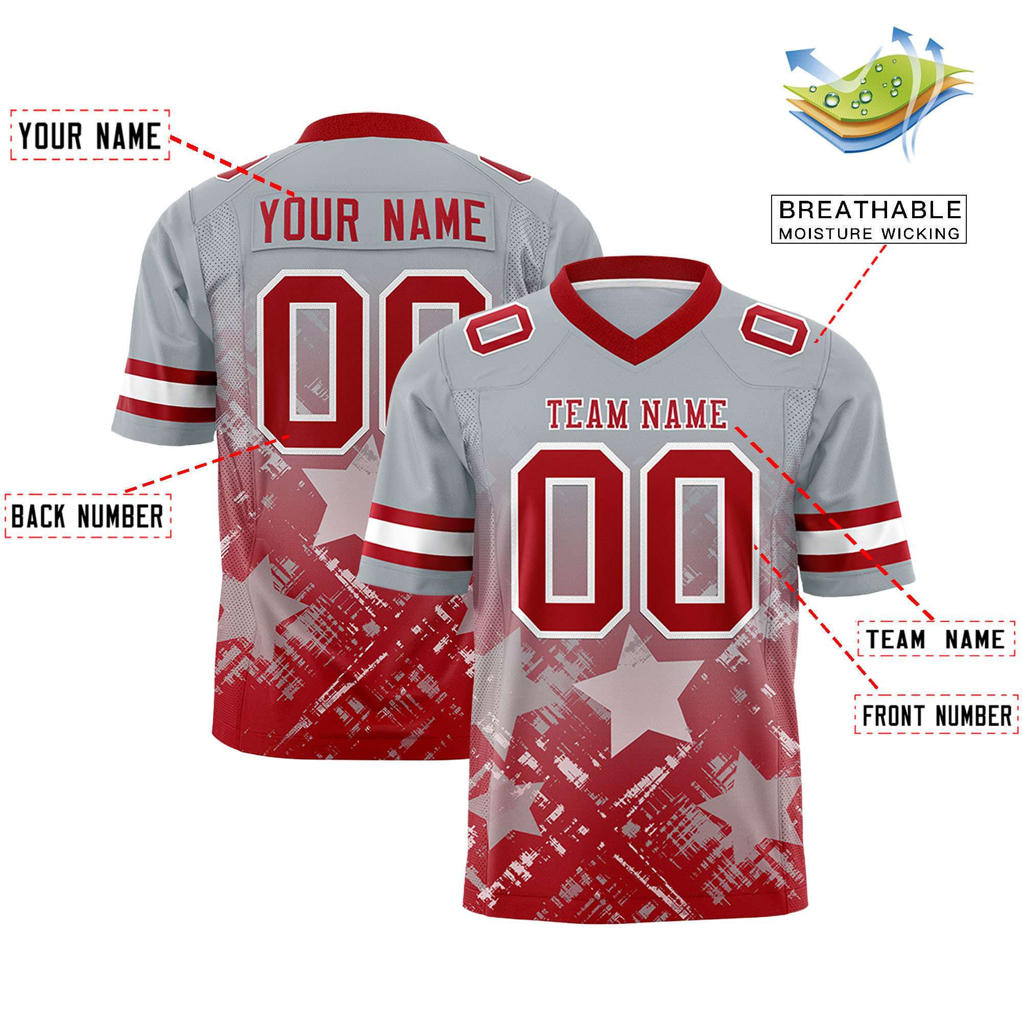 Custom Grey Red Personalized Star Gradient Authentic American Football Jersey
