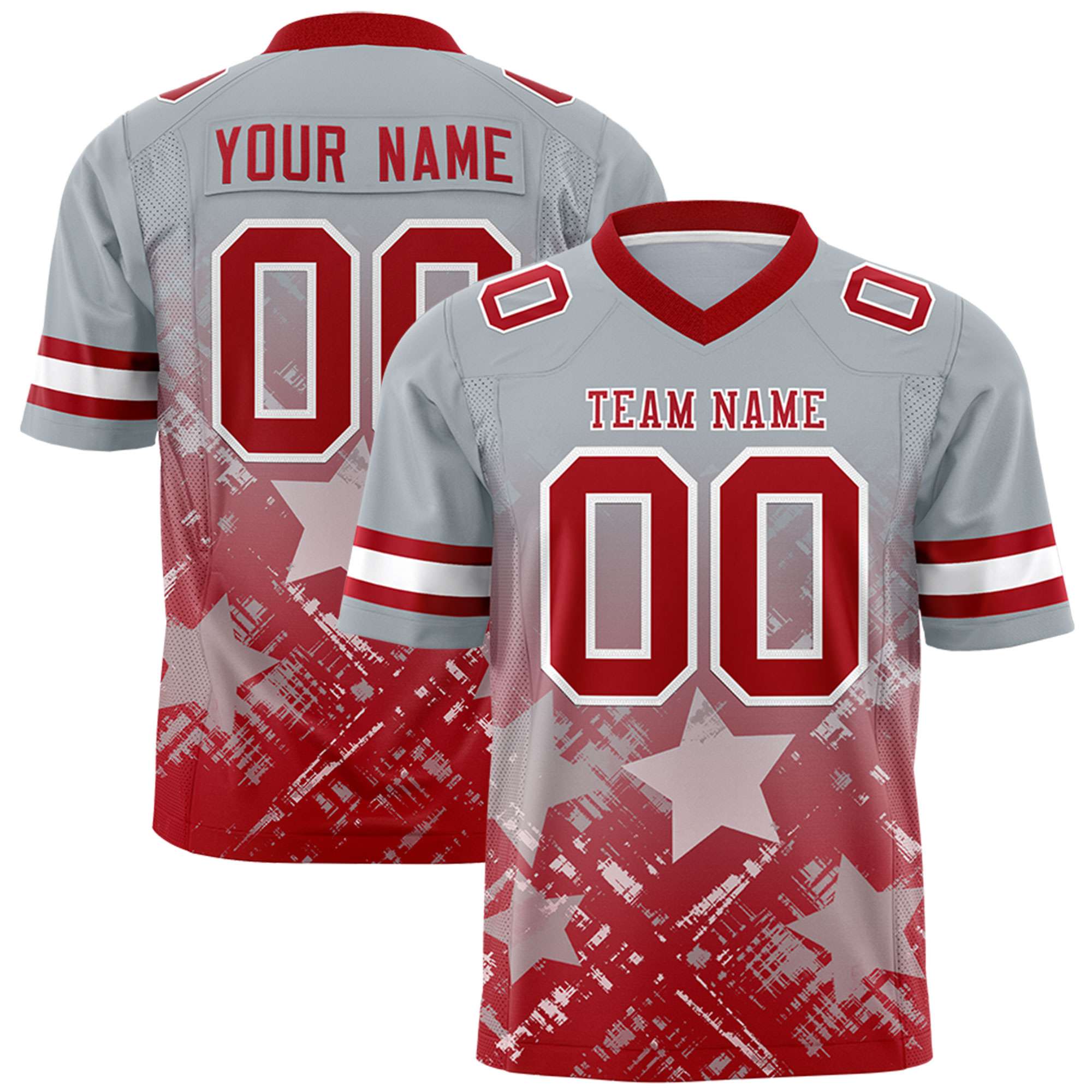 Custom Grey Red Personalized Star Gradient Authentic American Football Jersey