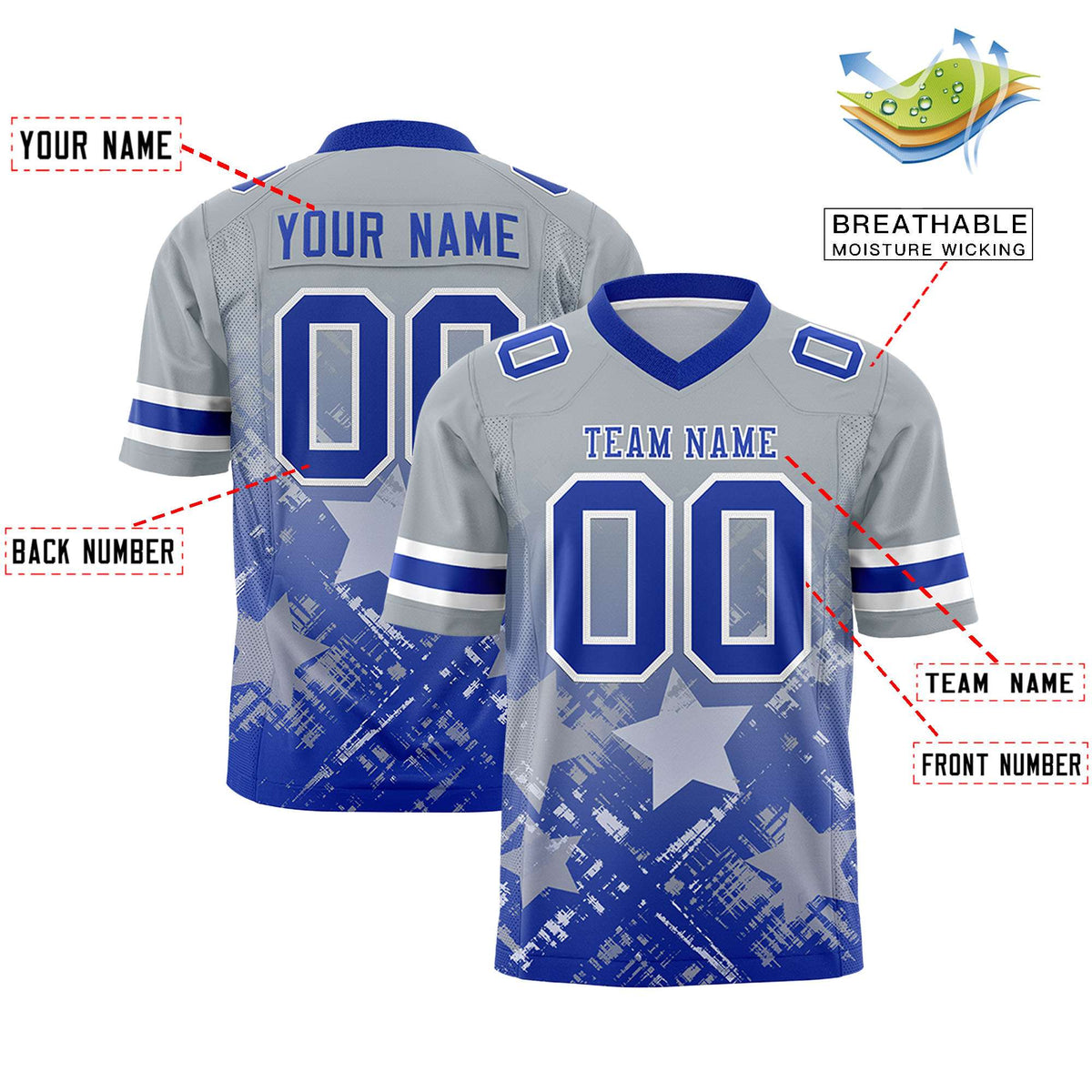 Custom Grey Royal Personalized Star Gradient Authentic American Football Jersey