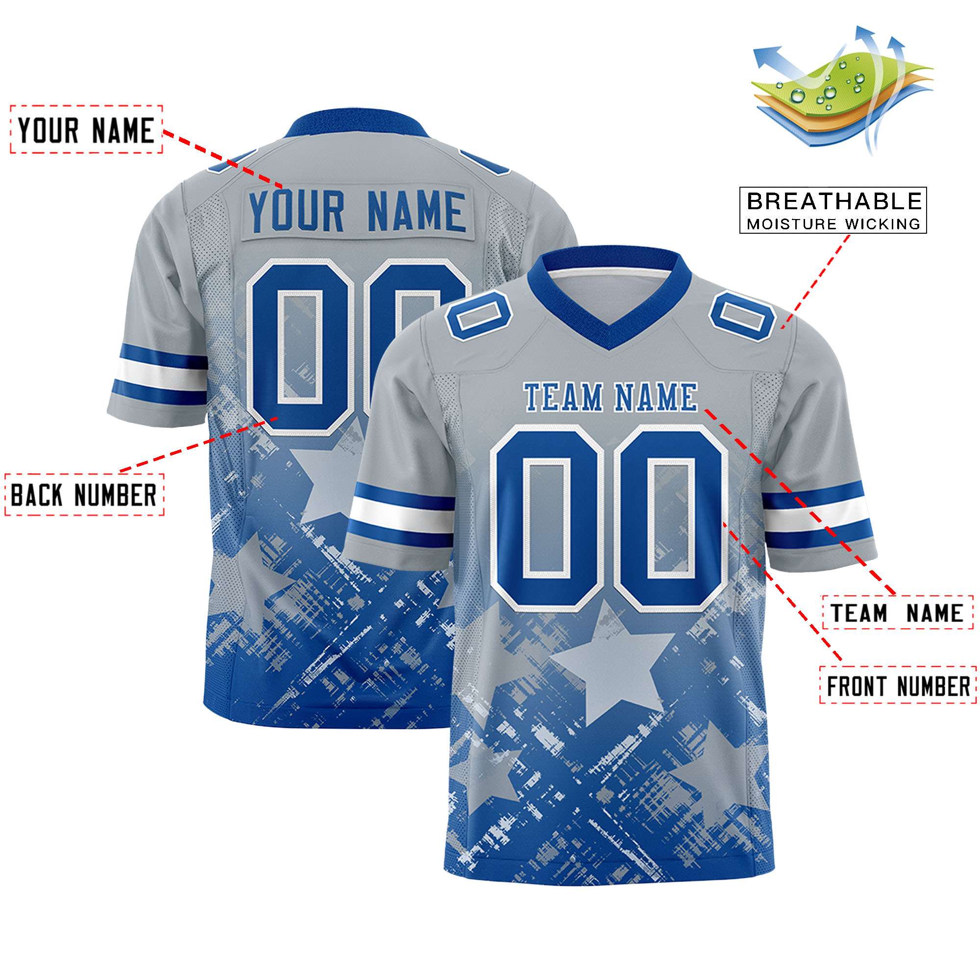 Custom Grey Royal Personalized Star Gradient Authentic American Football Jersey