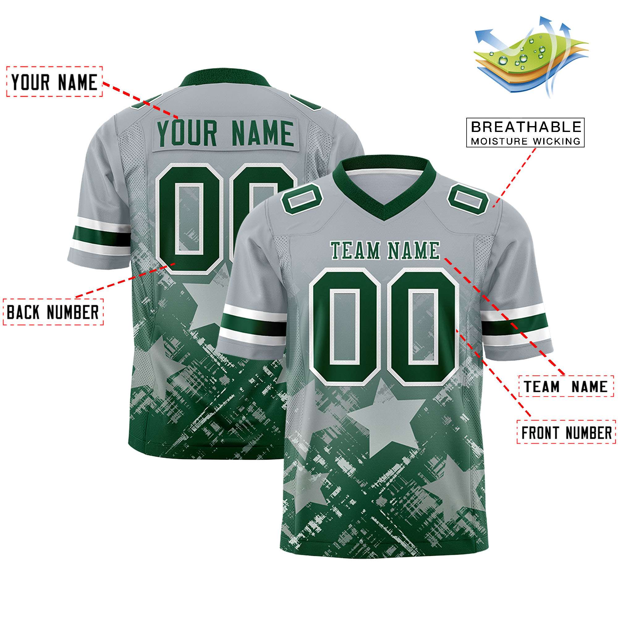 Custom Grey Green Personalized Star Gradient Authentic American Football Jersey