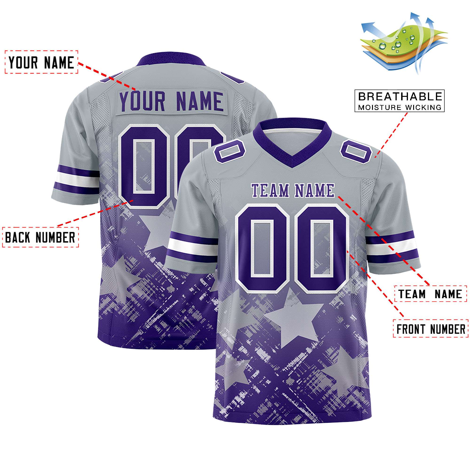 Custom Grey Purple Personalized Star Gradient Authentic American Football Jersey
