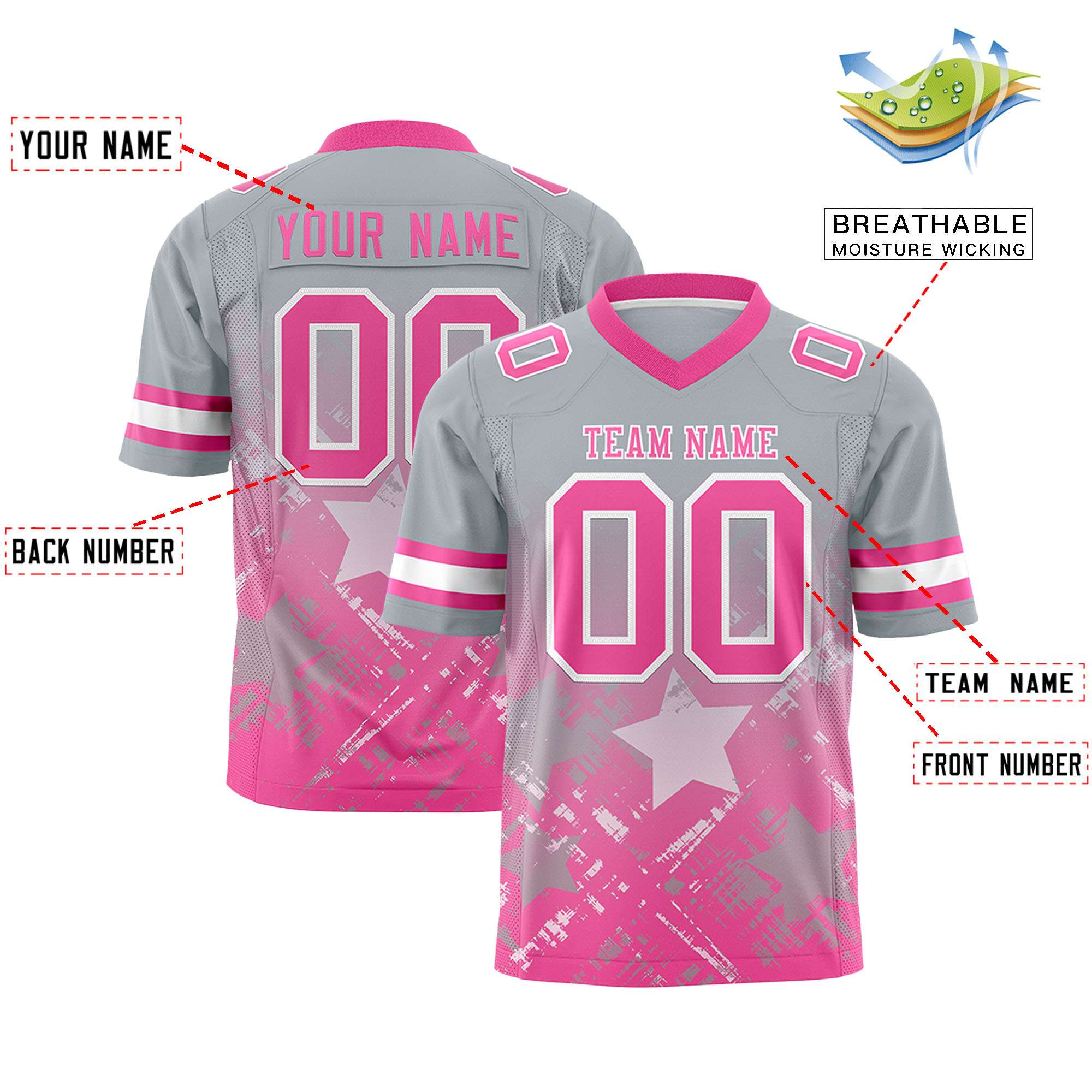 Custom Grey Pink Personalized Star Gradient Authentic American Football Jersey