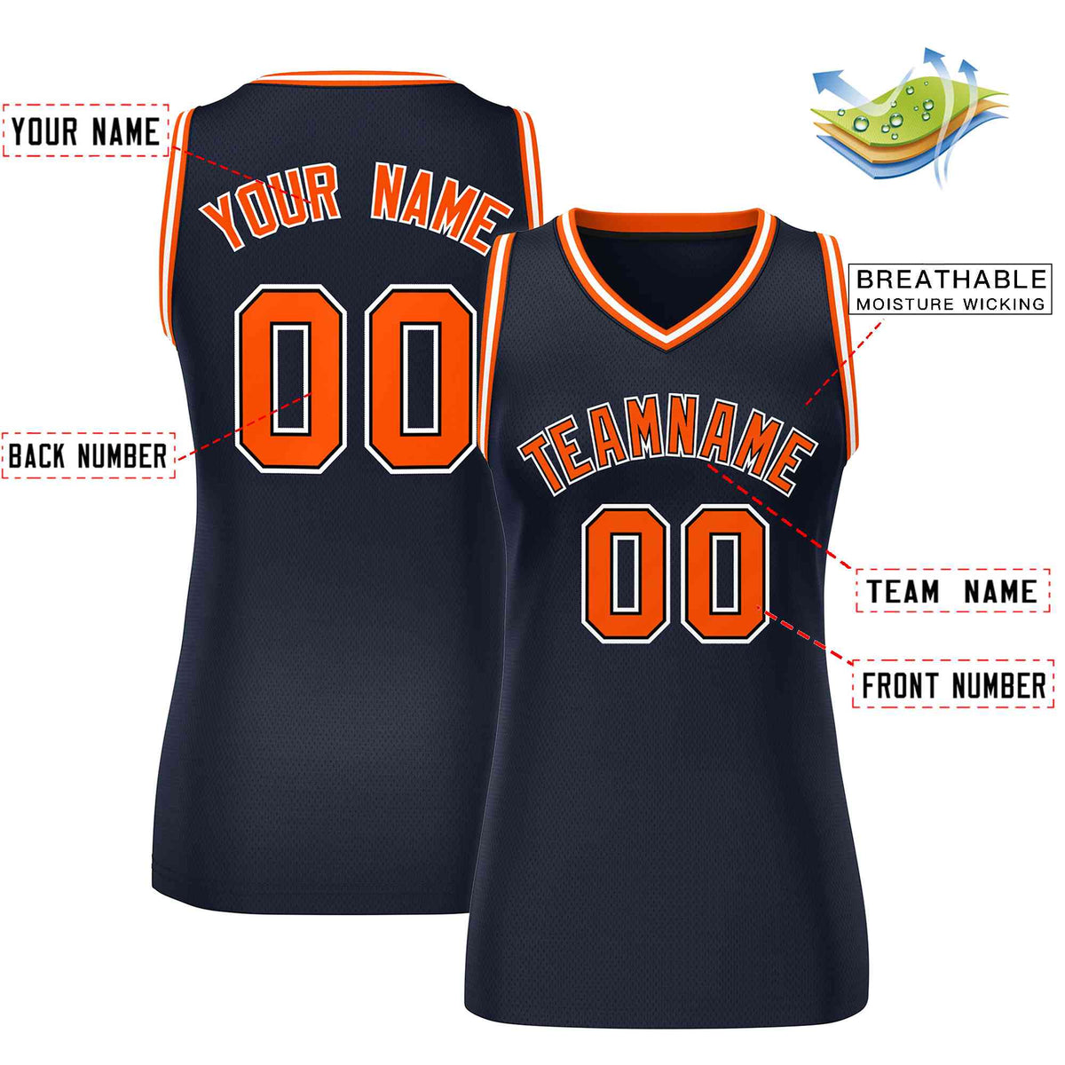 Maillot de basket-ball classique bleu marine orange-blanc personnalisé pour femme
