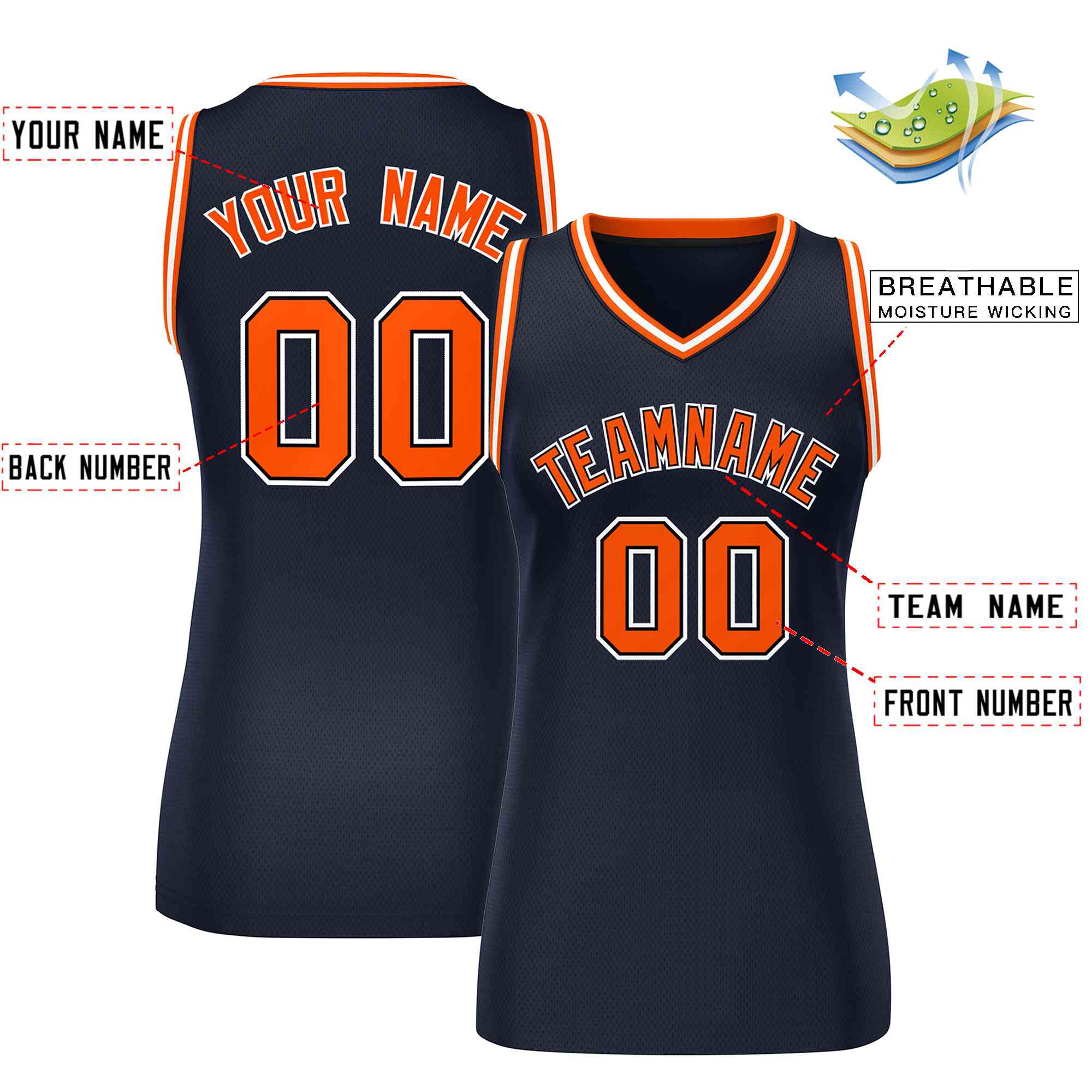 Maillot de basket-ball classique bleu marine orange-blanc personnalisé pour femme