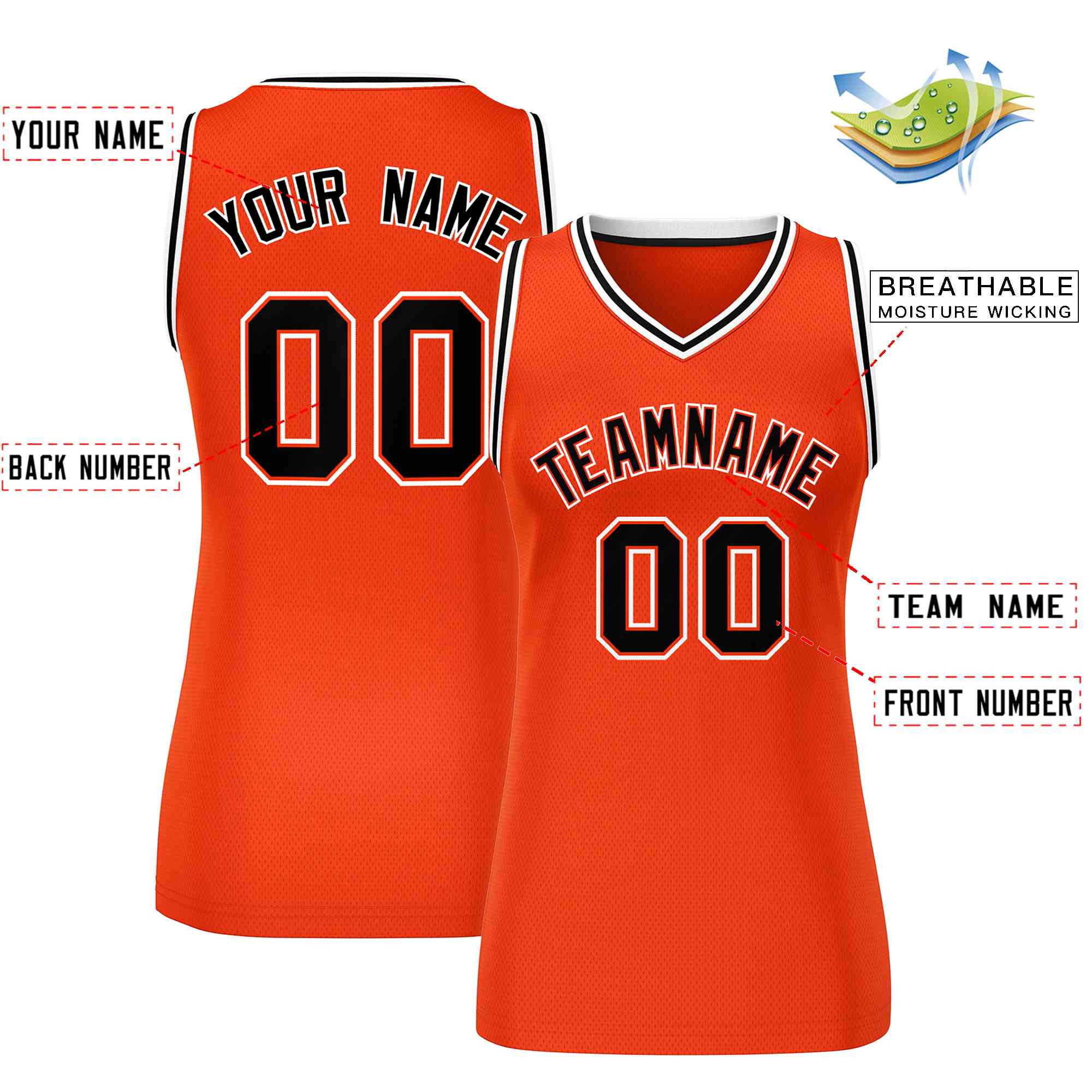Maillot de basket-ball classique personnalisé orange noir et blanc en maille pour femme