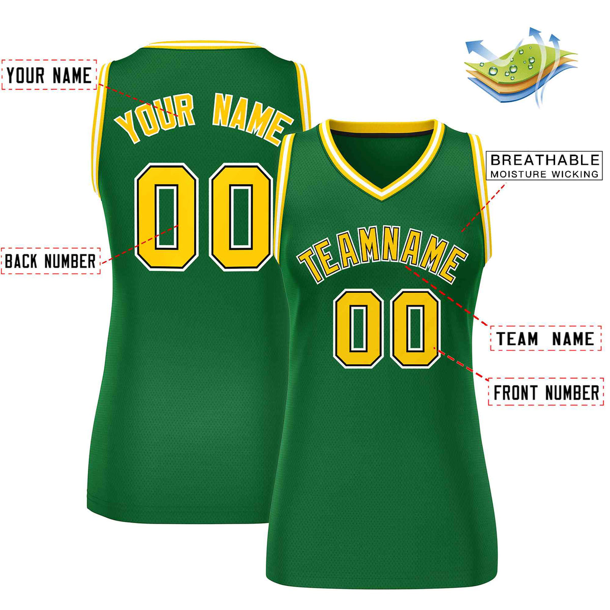 Maillot de basket-ball classique personnalisé vert, or et blanc pour femme