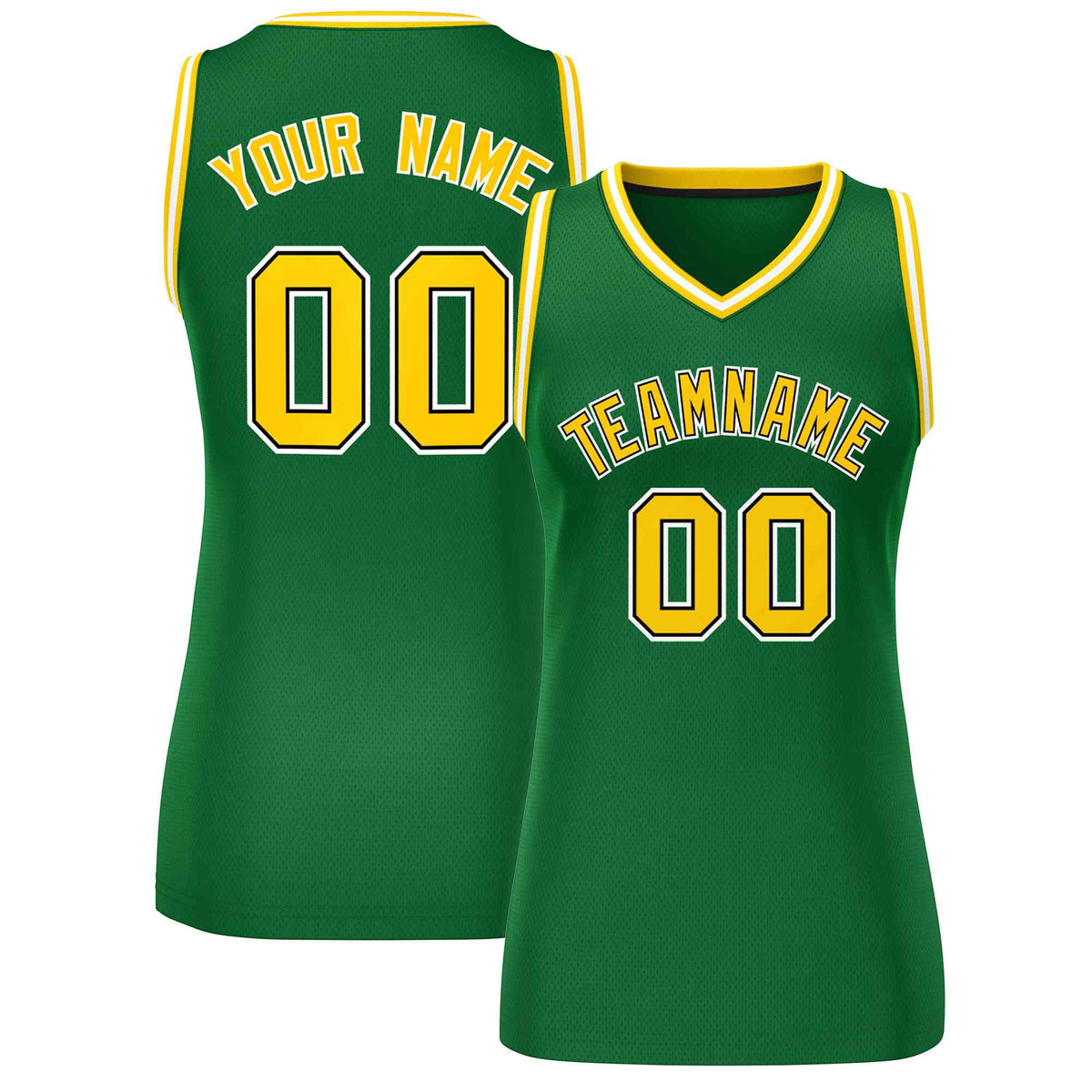 Maillot de basket-ball classique personnalisé vert, or et blanc pour femme