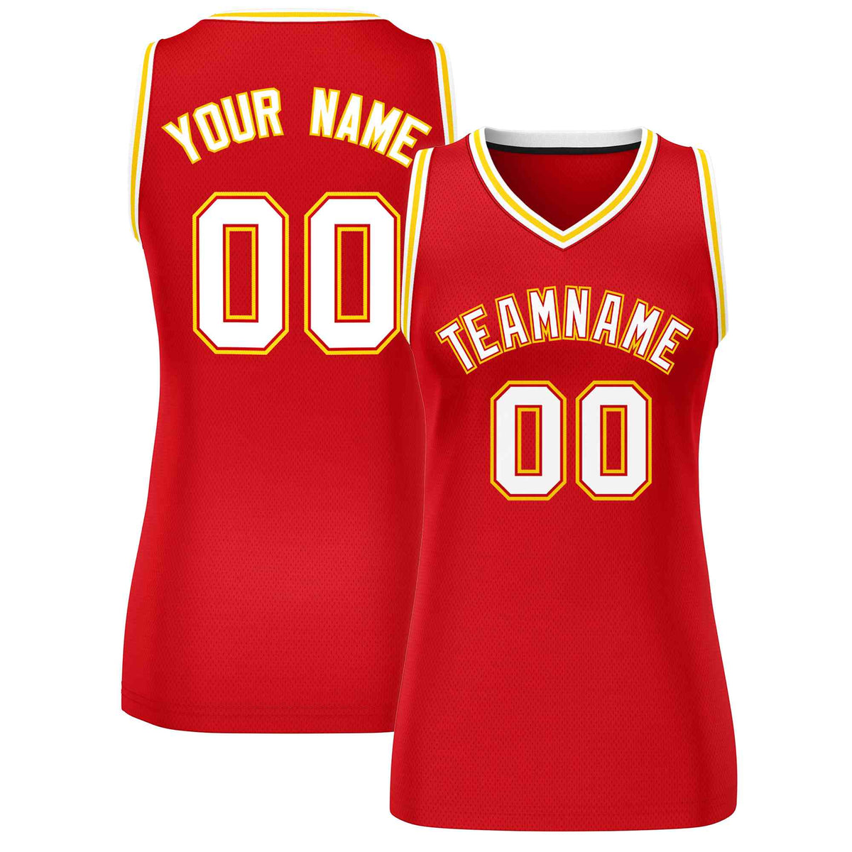 Maillot de basket-ball classique personnalisé rouge, blanc et or pour femme