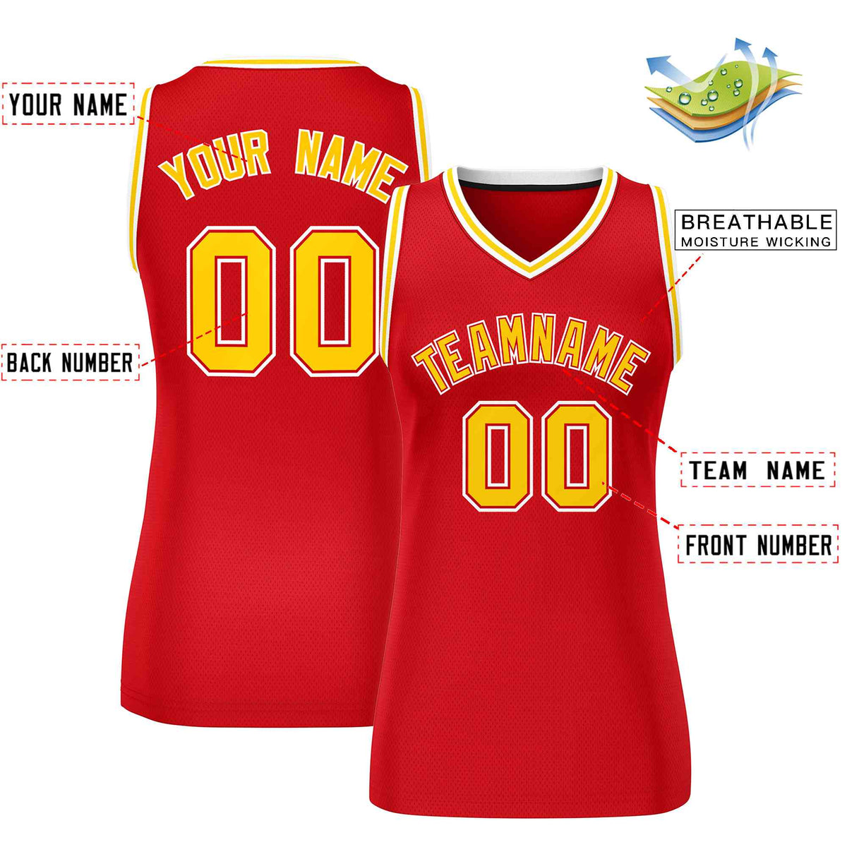Maillot de basket-ball classique personnalisé rouge, or et blanc pour femme