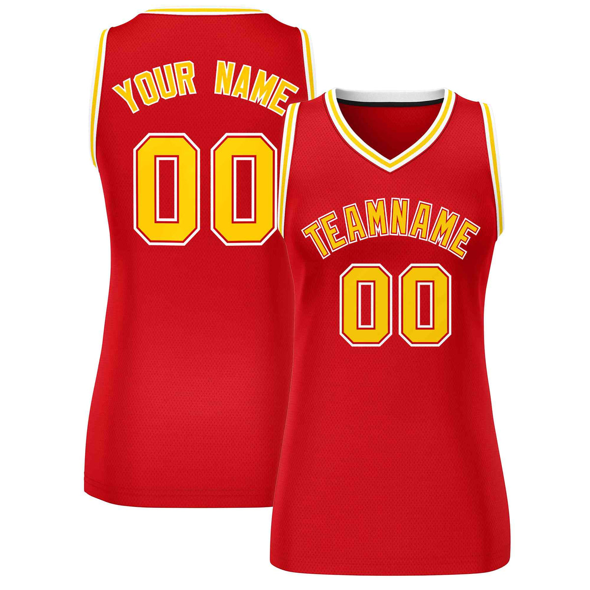 Maillot de basket-ball classique personnalisé rouge, or et blanc pour femme