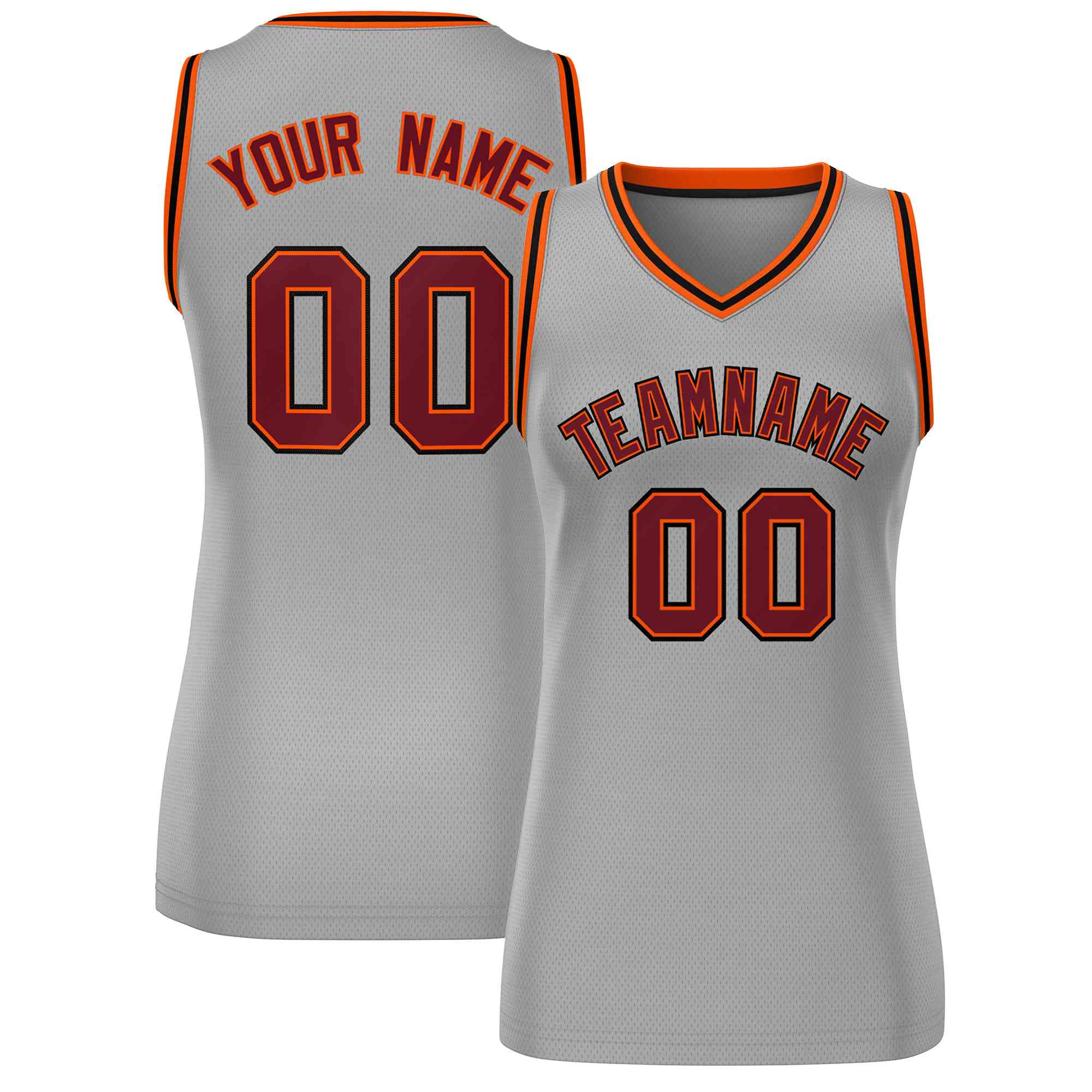 Benutzerdefiniertes grau-kastanienbraun-schwarzes klassisches Tops-Mesh-Basketballtrikot für Frauen