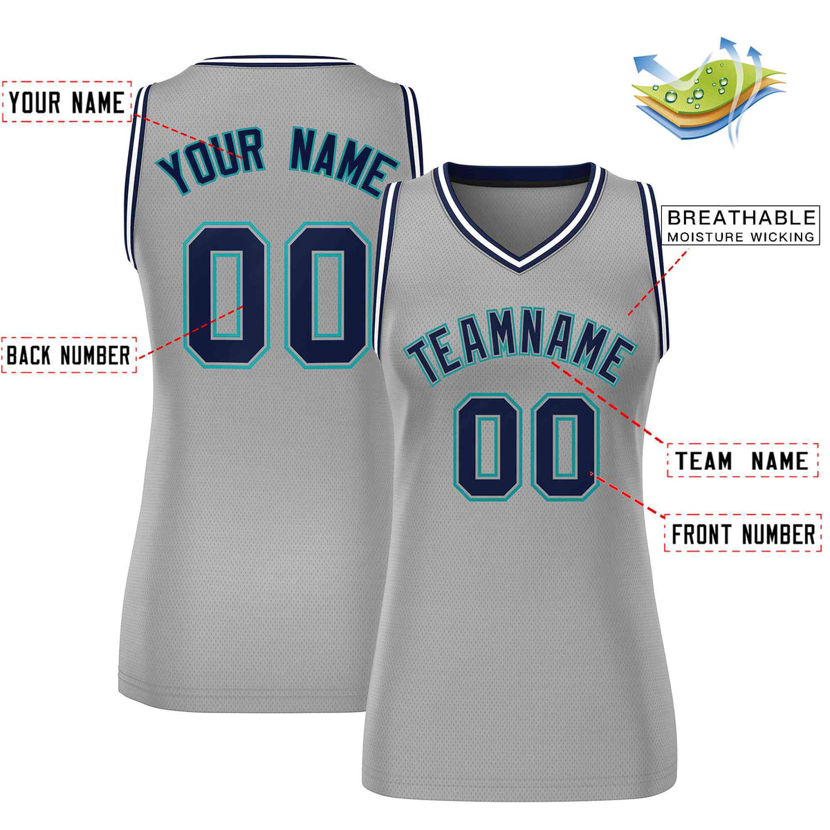 Maillot de basket-ball classique gris bleu marine et turquoise personnalisé pour femme