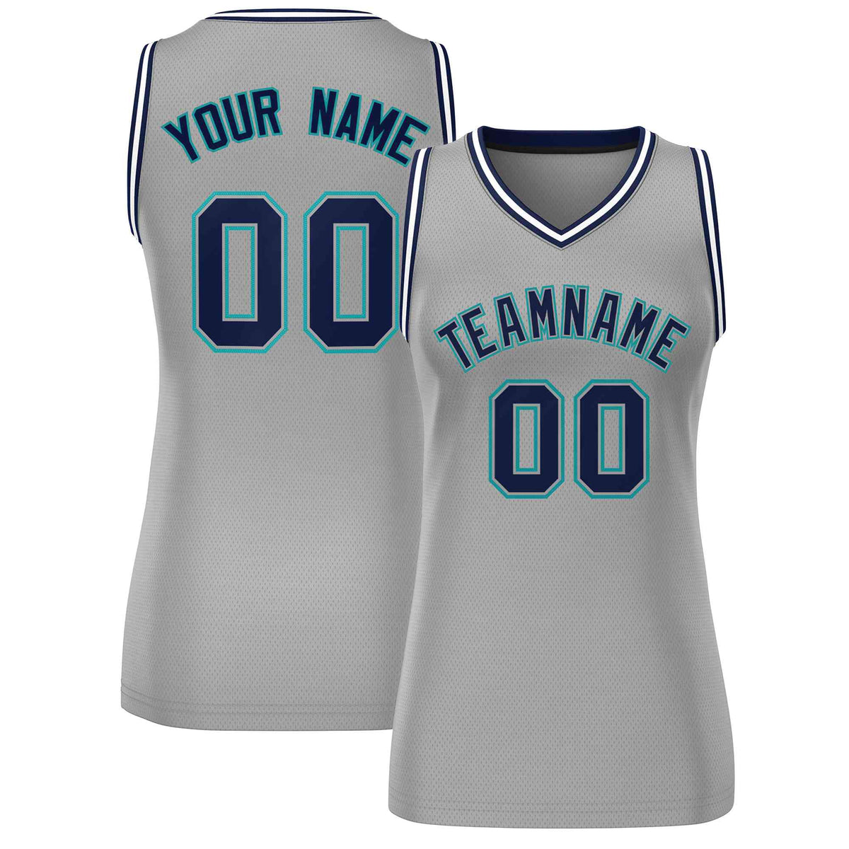 Maillot de basket-ball classique gris bleu marine et turquoise personnalisé pour femme