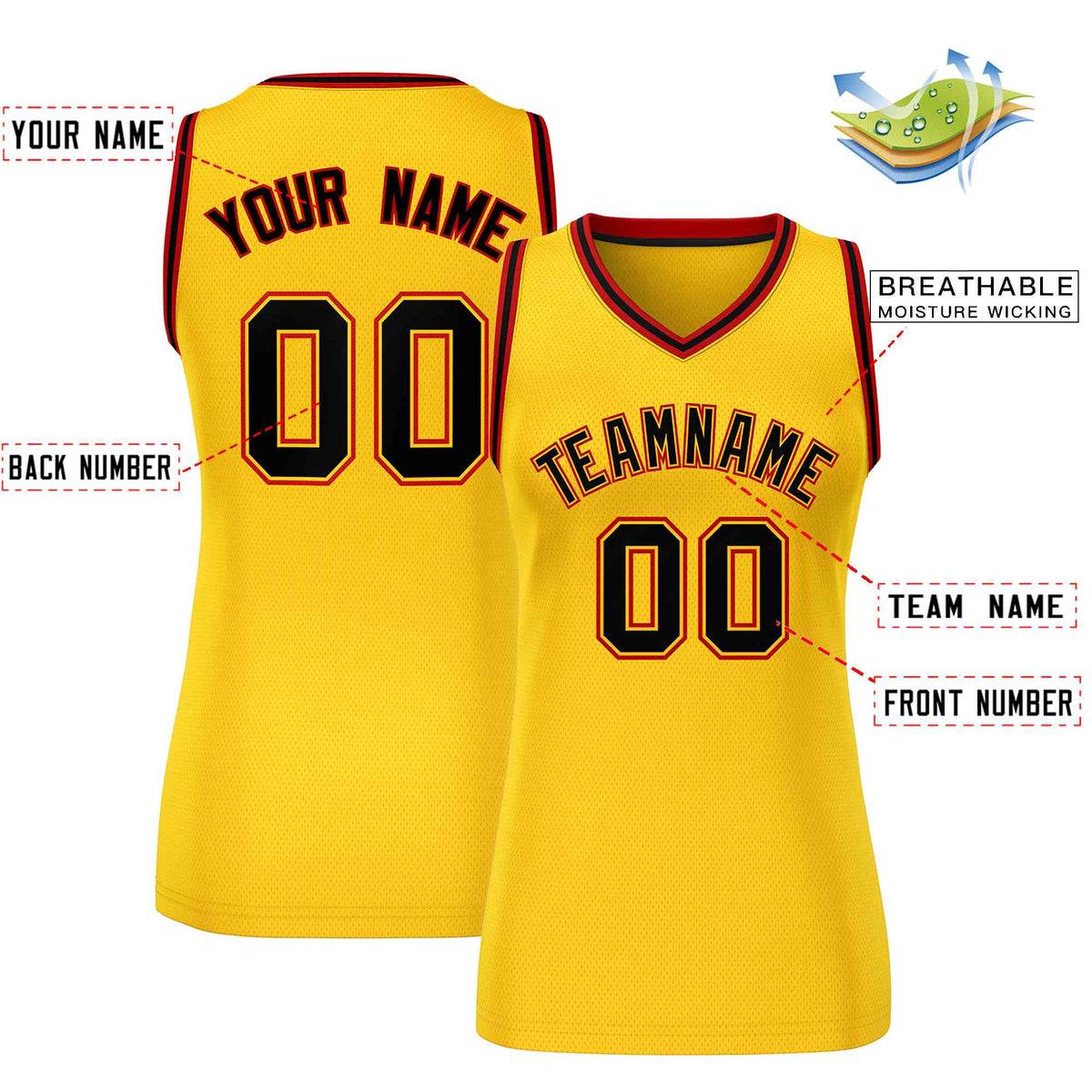 Custom Yellow Black-Red Classic Tops Mesh Basketball Jersey for Women