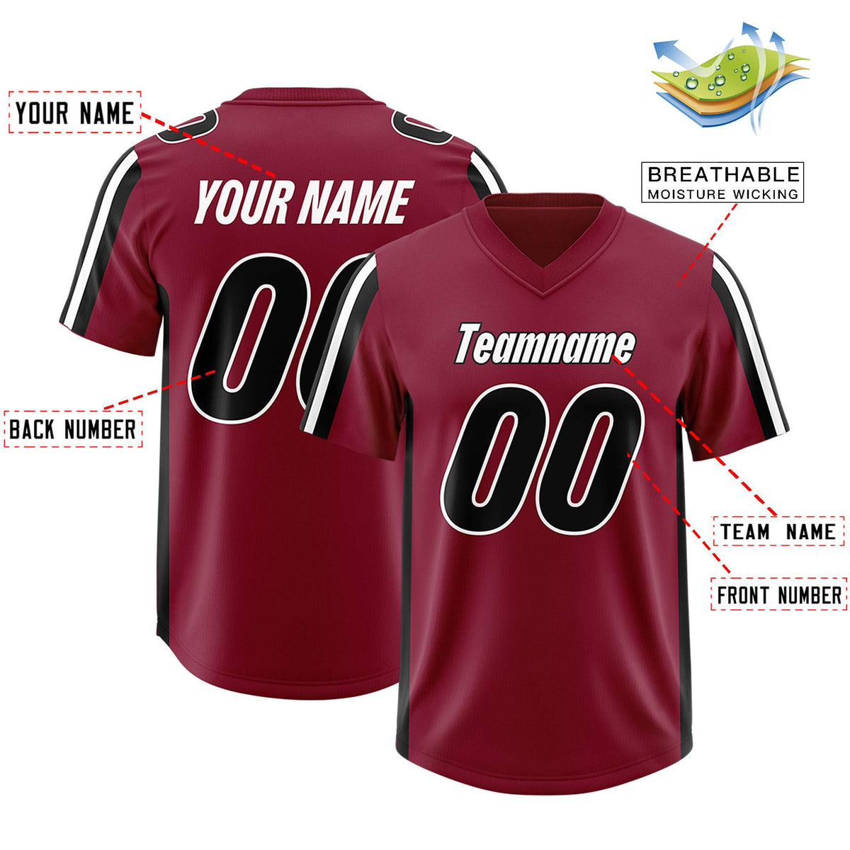 Custom Cardinal Black and White Side Stripe Pattern Authentic American Football Jersey