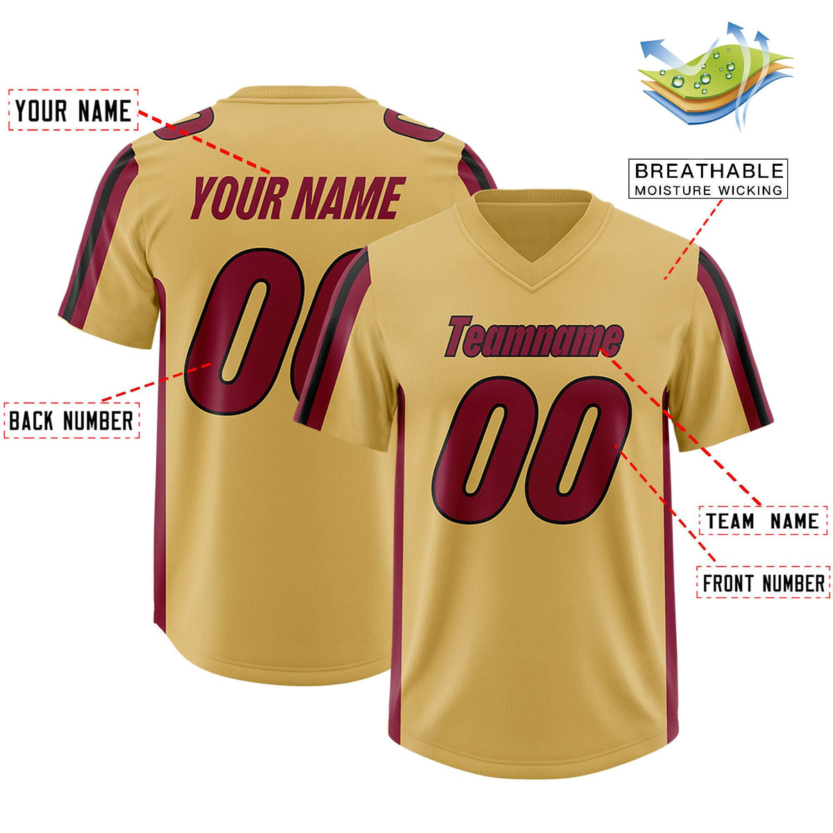 Custom Old Gold Cardinal and Black Side Stripe Pattern Authentic American Football Jersey