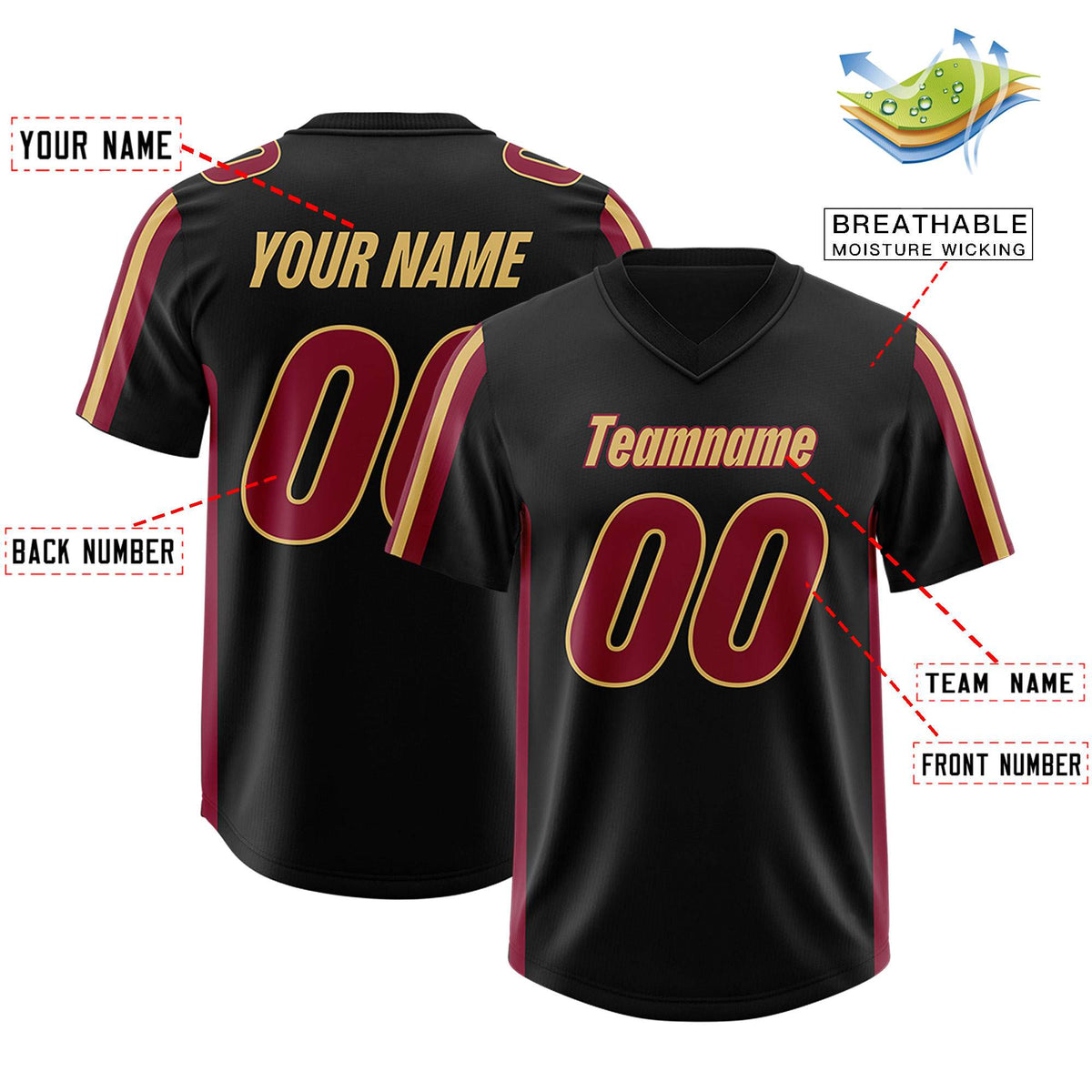 Custom Black Cardinal and Old Gold Side Stripe Pattern Authentic American Football Jersey