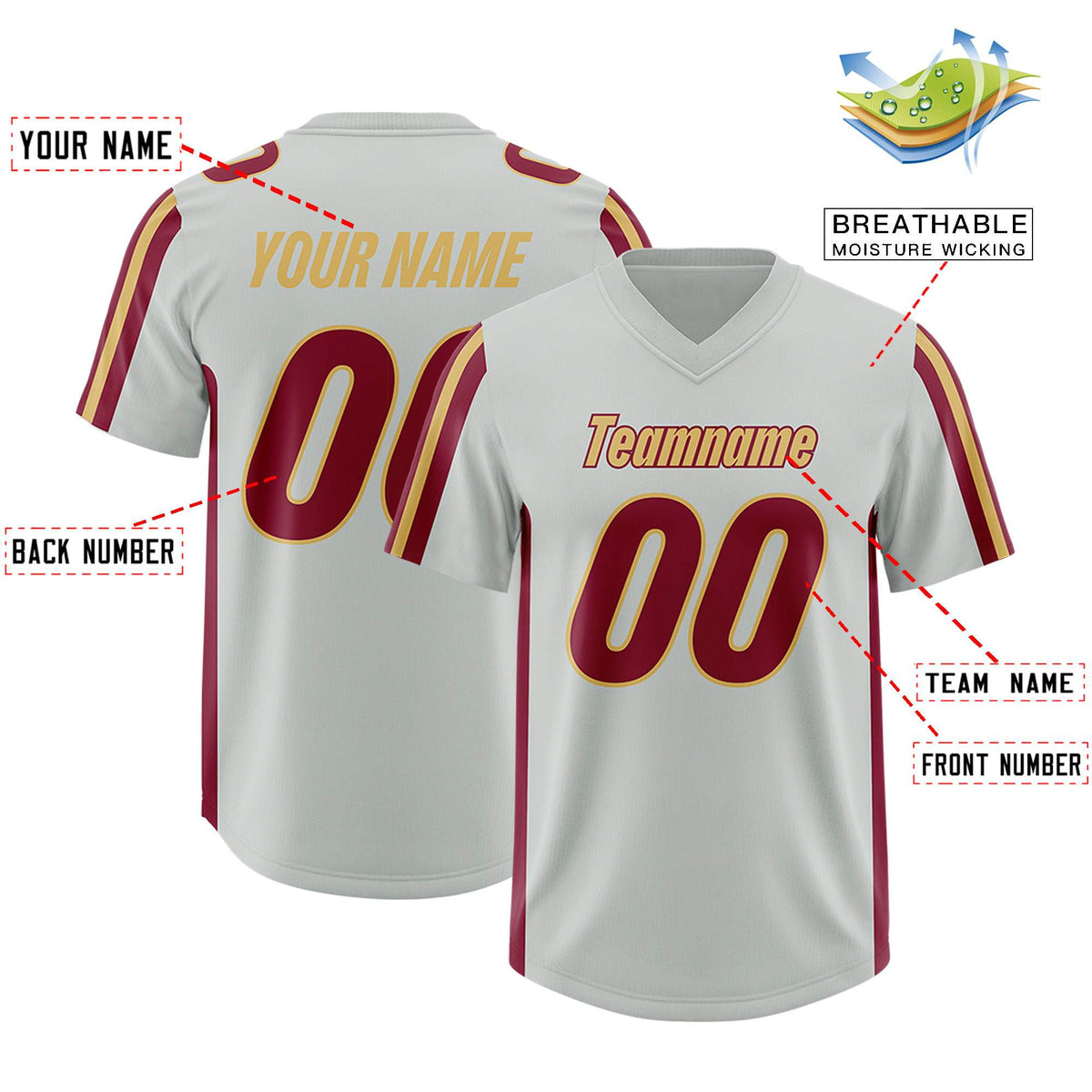 Custom Gray Crimson and Old Gold Side Stripe Pattern Authentic American Football Jersey