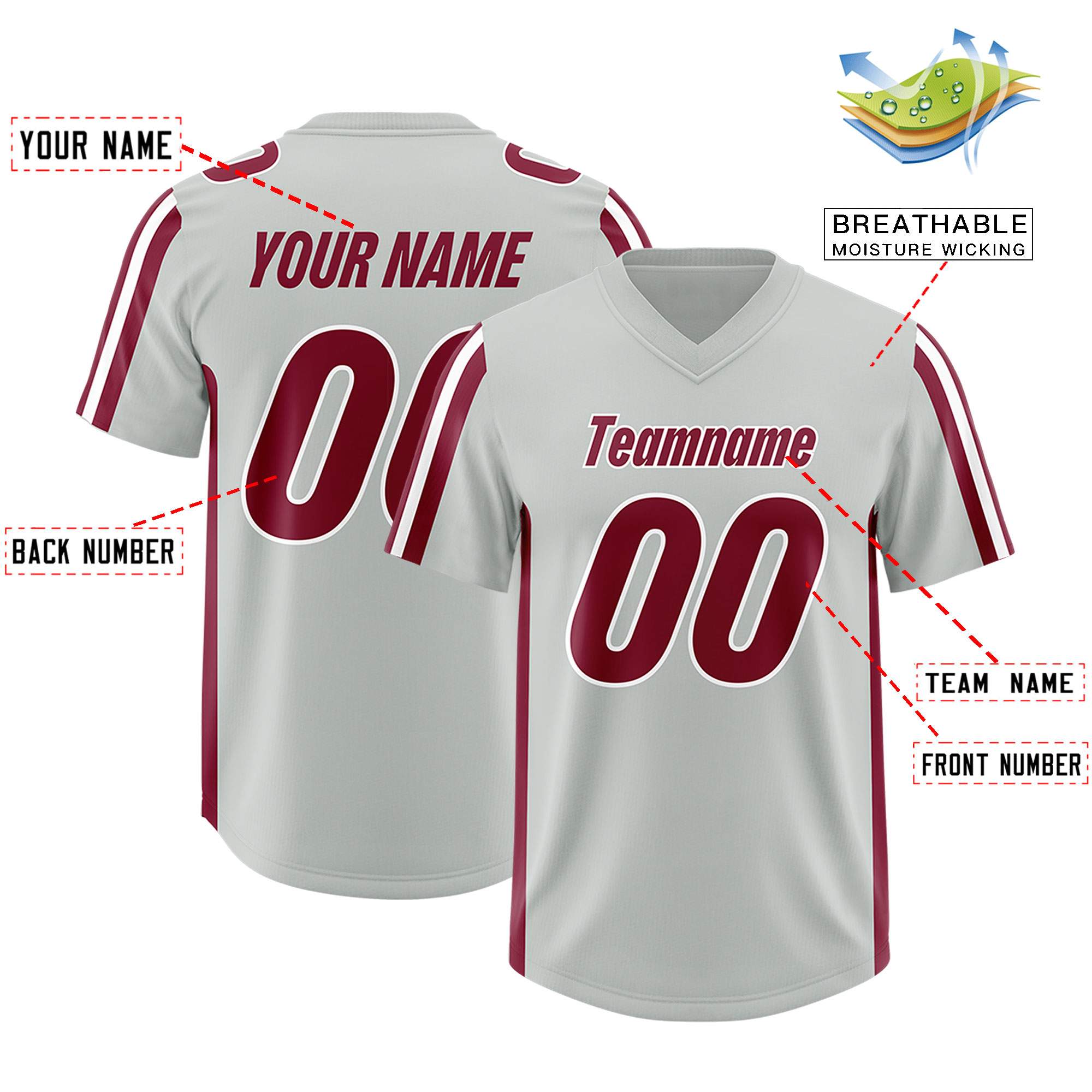 Custom Gray Crimson and White Side Stripe Pattern Authentic American Football Jersey