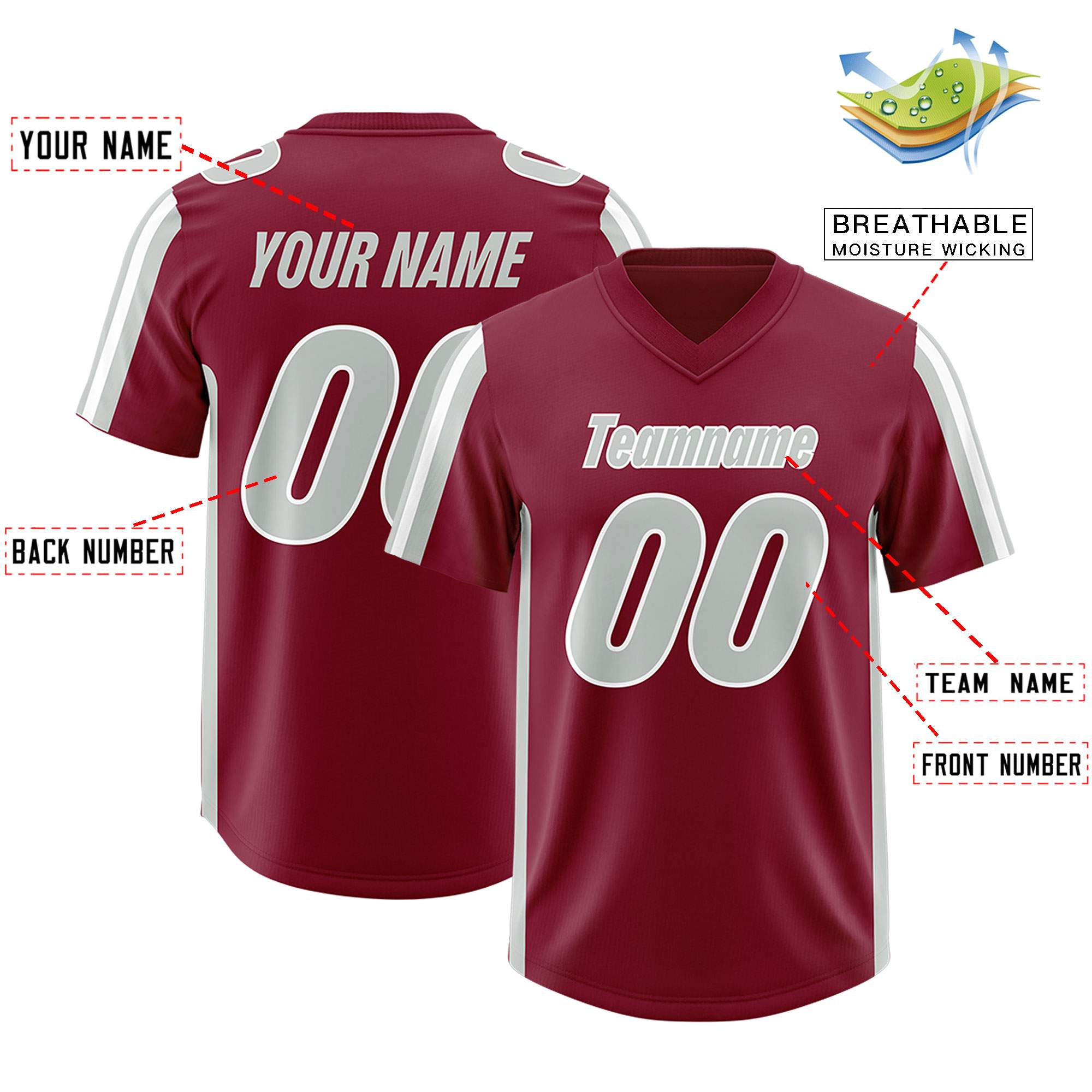 Custom Cardinal Gray and White Side Stripe Pattern Authentic American Football Jersey