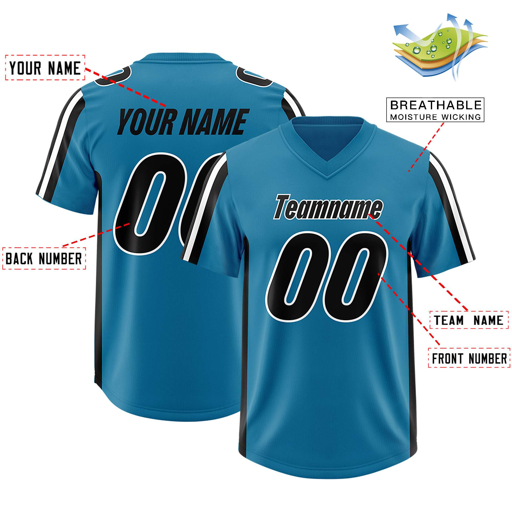 Custom Panther Blue Black and White Side Stripe Pattern Authentic American Football Jersey
